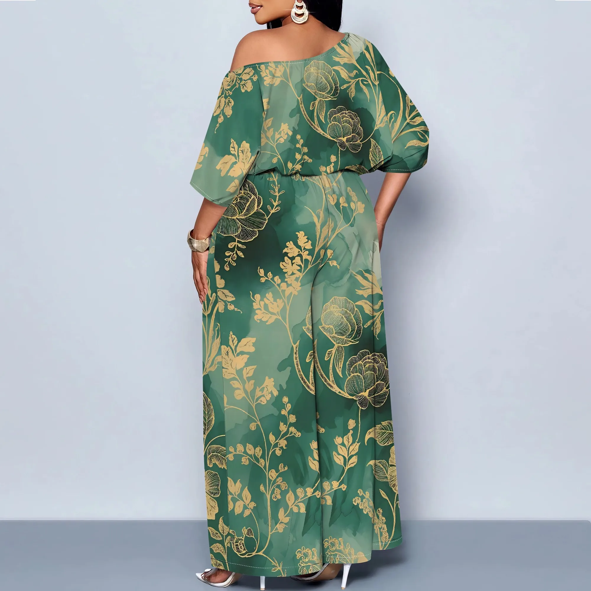 Women's Green Off Shoulder Jumpsuit Elegant Gold Floral Printed Wide Leg Summer Outfit Women's Green Off Shoulder Jumpsuit Elegant Gold Floral Printed Wide Leg Summer Outfit