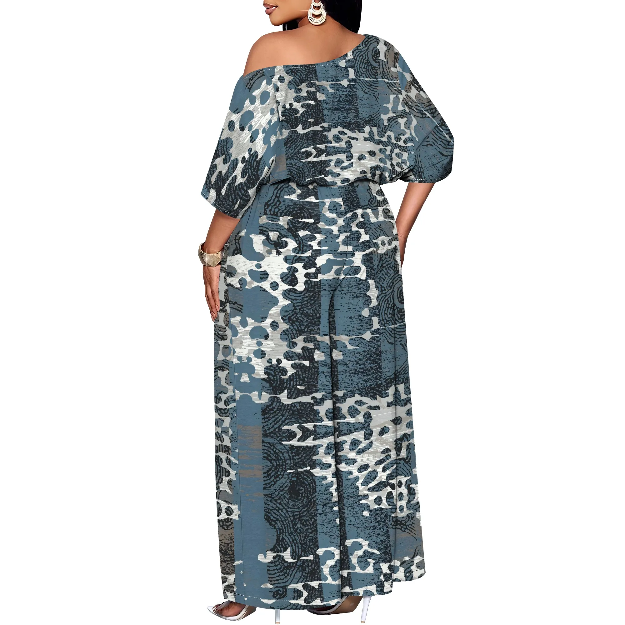 Women's Green Off Shoulder Jumpsuit Elegant Gold Floral Printed Wide Leg Summer Outfit Women's Green Off Shoulder Jumpsuit Elegant Gold Floral Printed Wide Leg Summer Outfit