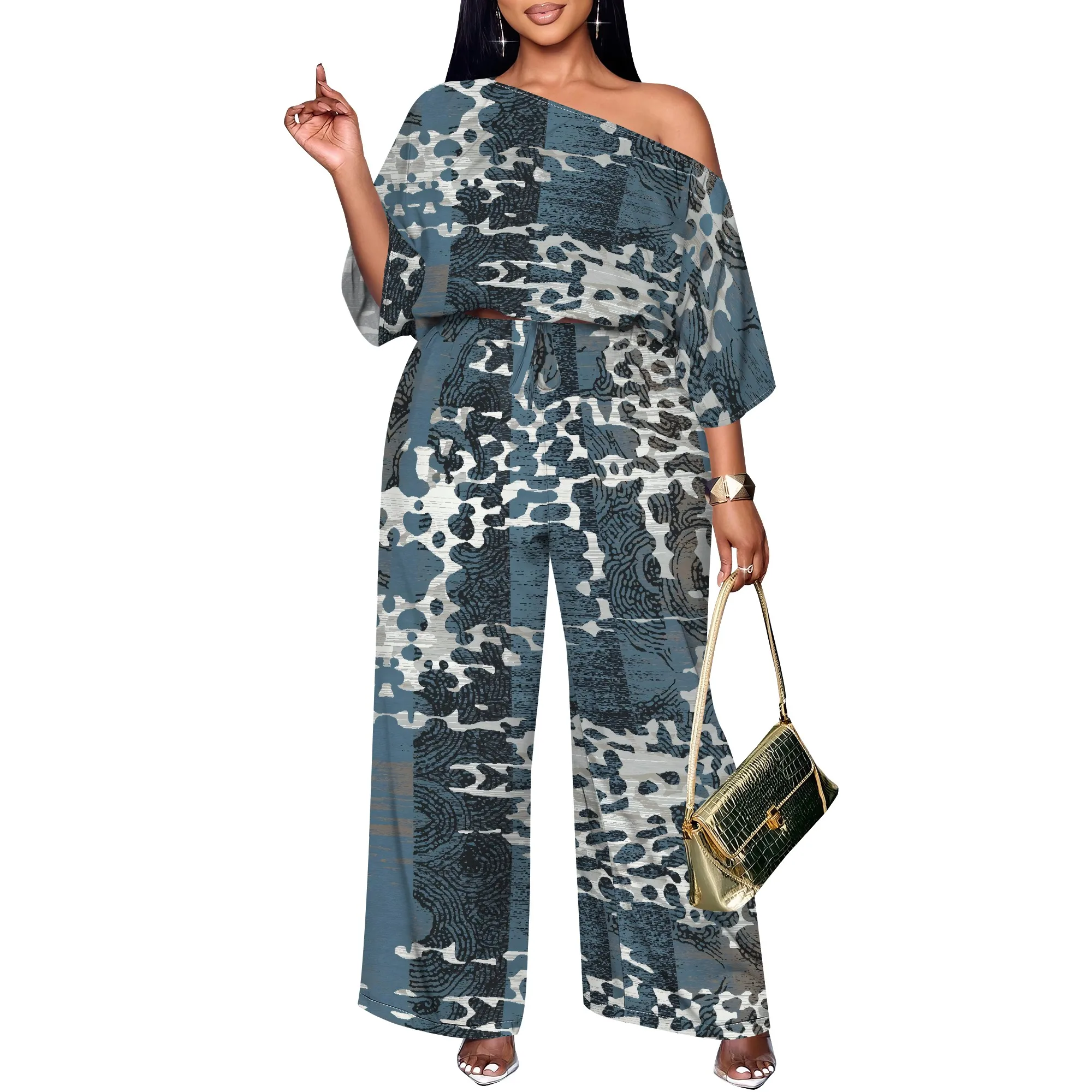 Women’s Green Off Shoulder Jumpsuit Elegant Gold Floral Printed Wide Leg Summer Outfit Women's Green Off Shoulder Jumpsuit Elegant Gold Floral Printed Wide Leg Summer Outfit