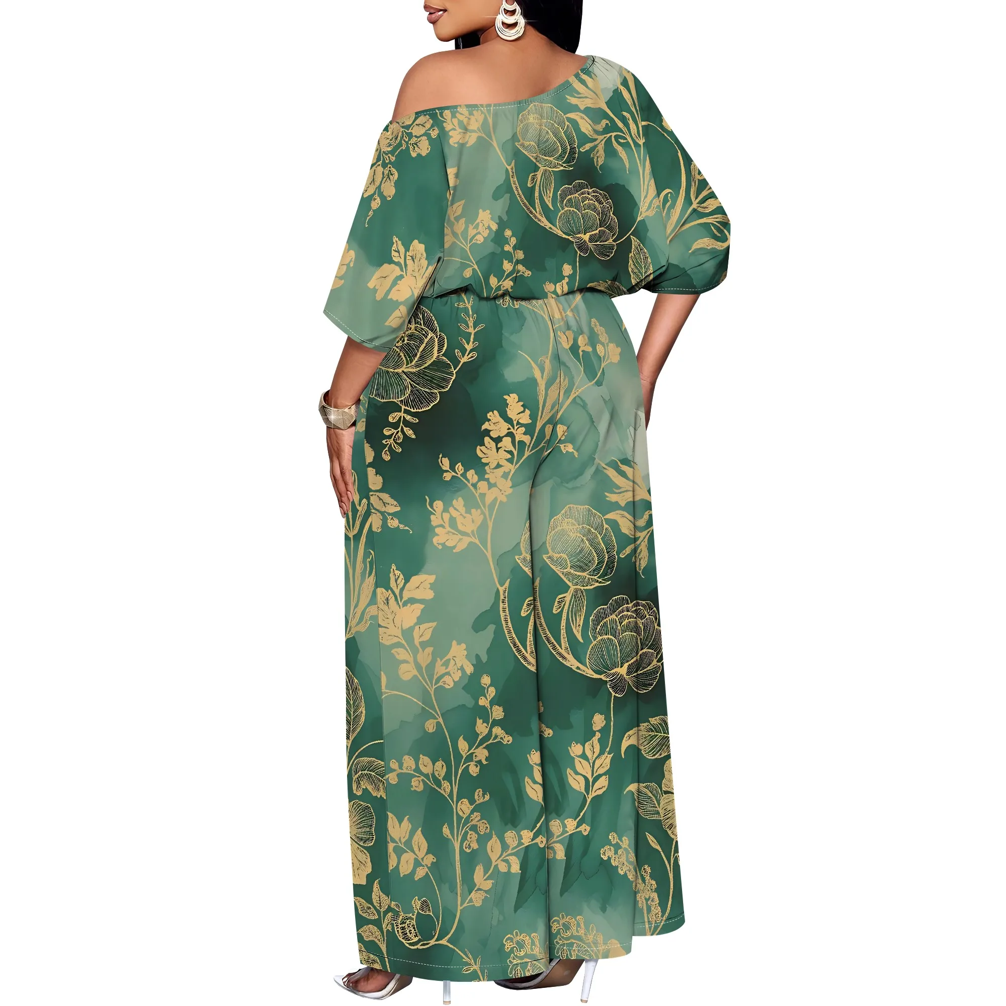 Women's Green Off Shoulder Jumpsuit Elegant Gold Floral Printed Wide Leg Summer Outfit Women's Green Off Shoulder Jumpsuit Elegant Gold Floral Printed Wide Leg Summer Outfit