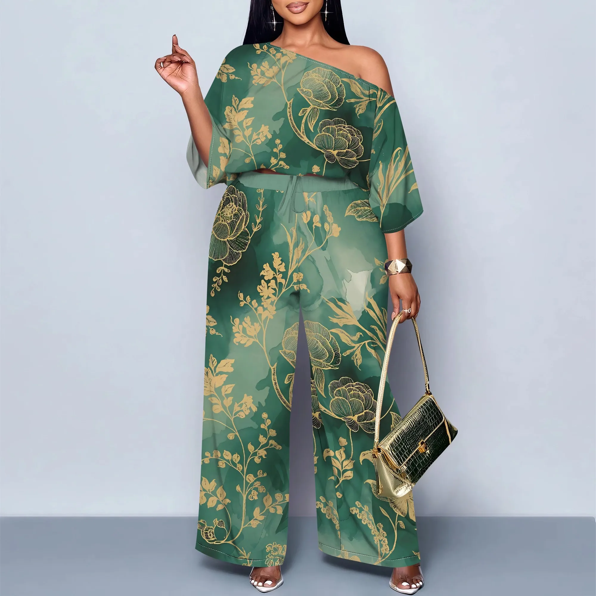 Women’s Green Off Shoulder Jumpsuit Elegant Gold Floral Printed Wide Leg Summer Outfit Women's Green Off Shoulder Jumpsuit Elegant Gold Floral Printed Wide Leg Summer Outfit