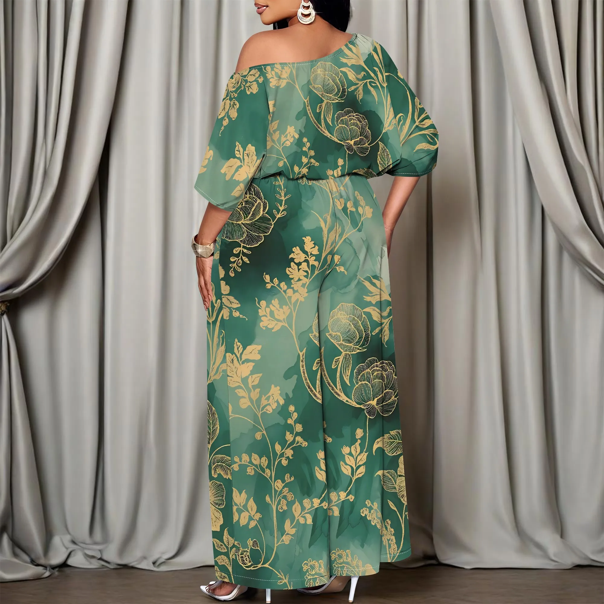 Women’s Green Off Shoulder Jumpsuit Elegant Gold Floral Printed Wide Leg Summer Outfit Women's Green Off Shoulder Jumpsuit Elegant Gold Floral Printed Wide Leg Summer Outfit