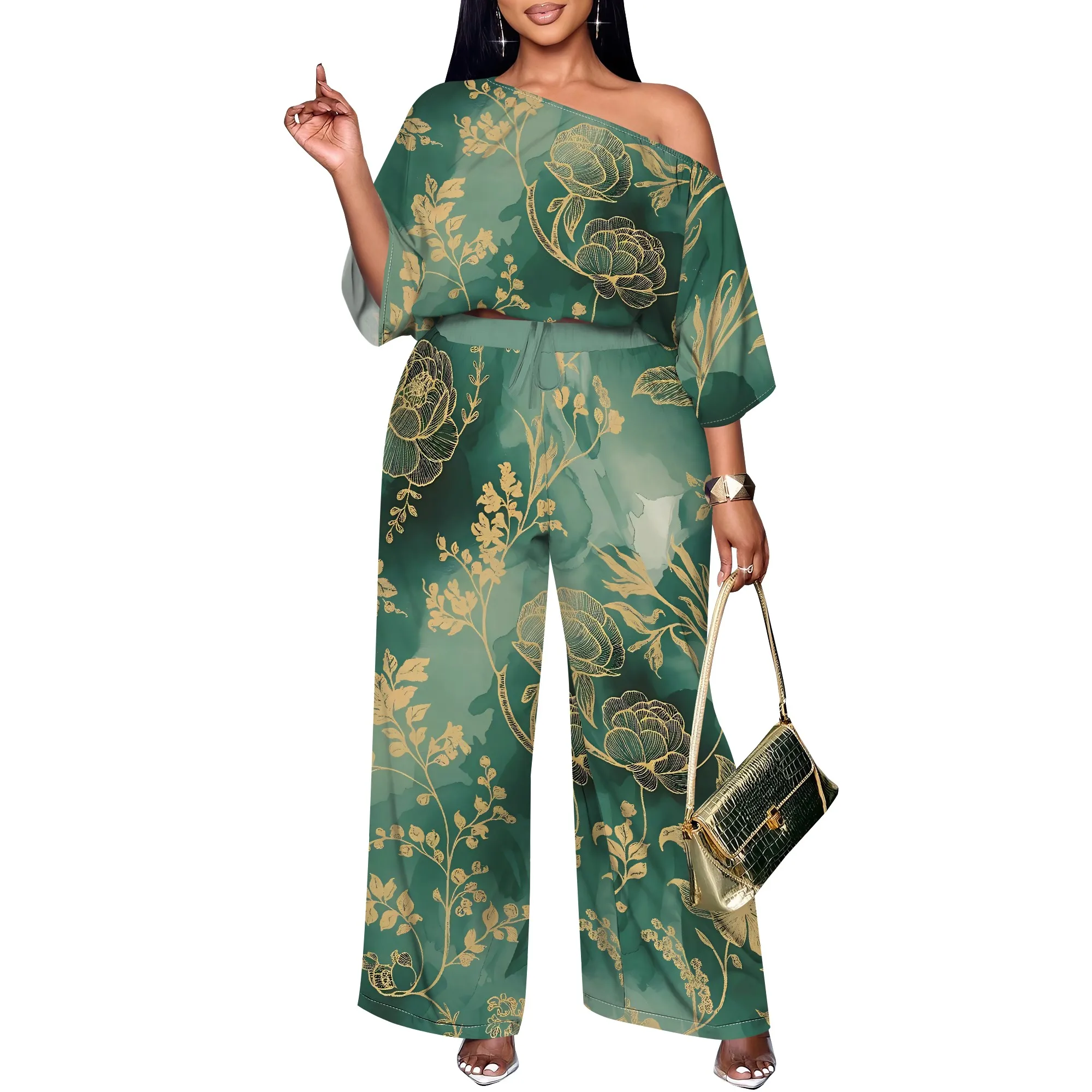 Women's Green Off Shoulder Jumpsuit Elegant Gold Floral Printed Wide Leg Summer Outfit Women's Green Off Shoulder Jumpsuit Elegant Gold Floral Printed Wide Leg Summer Outfit