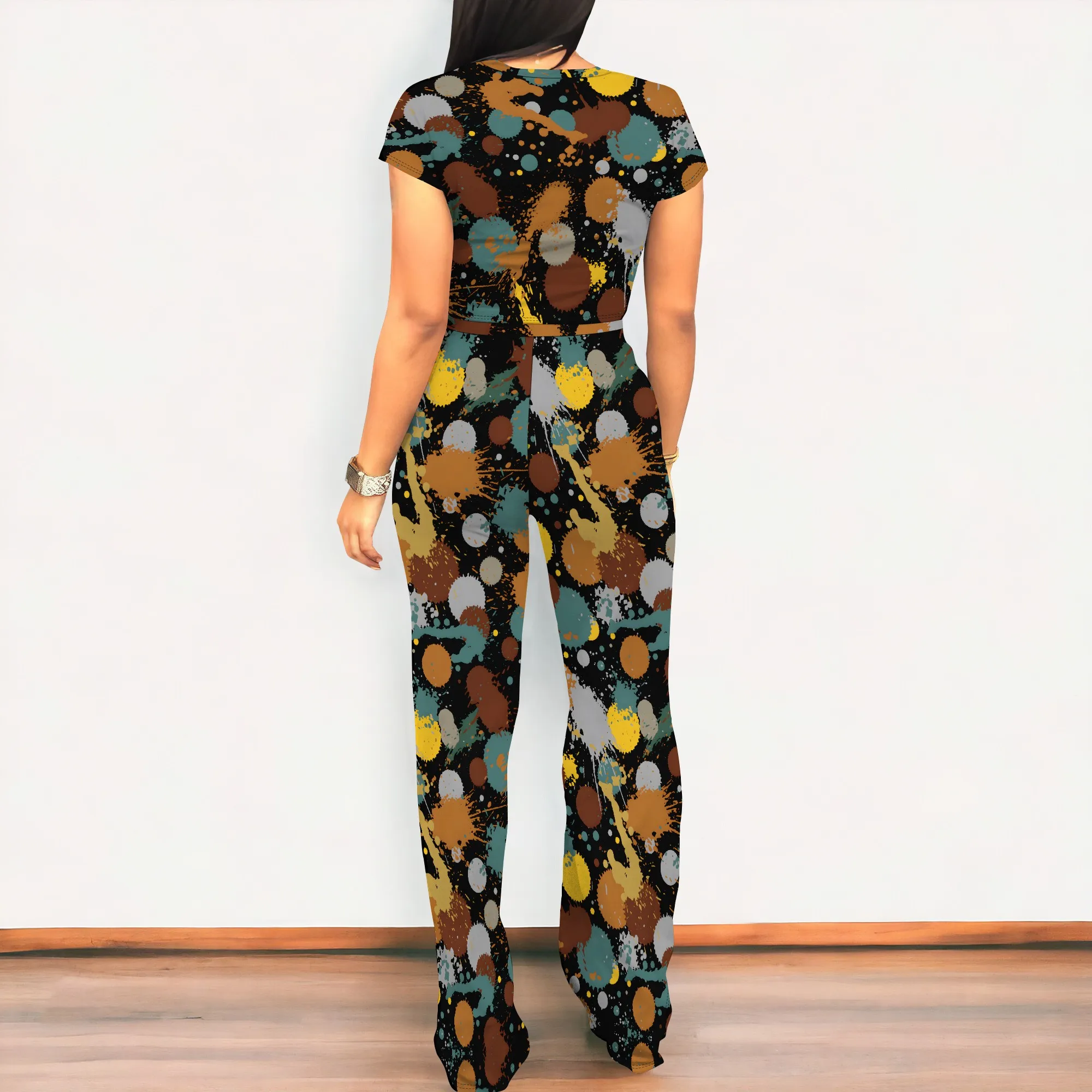 Geometric Patchwork Print 2 Piece Set Streetwear Crop Top and Pants