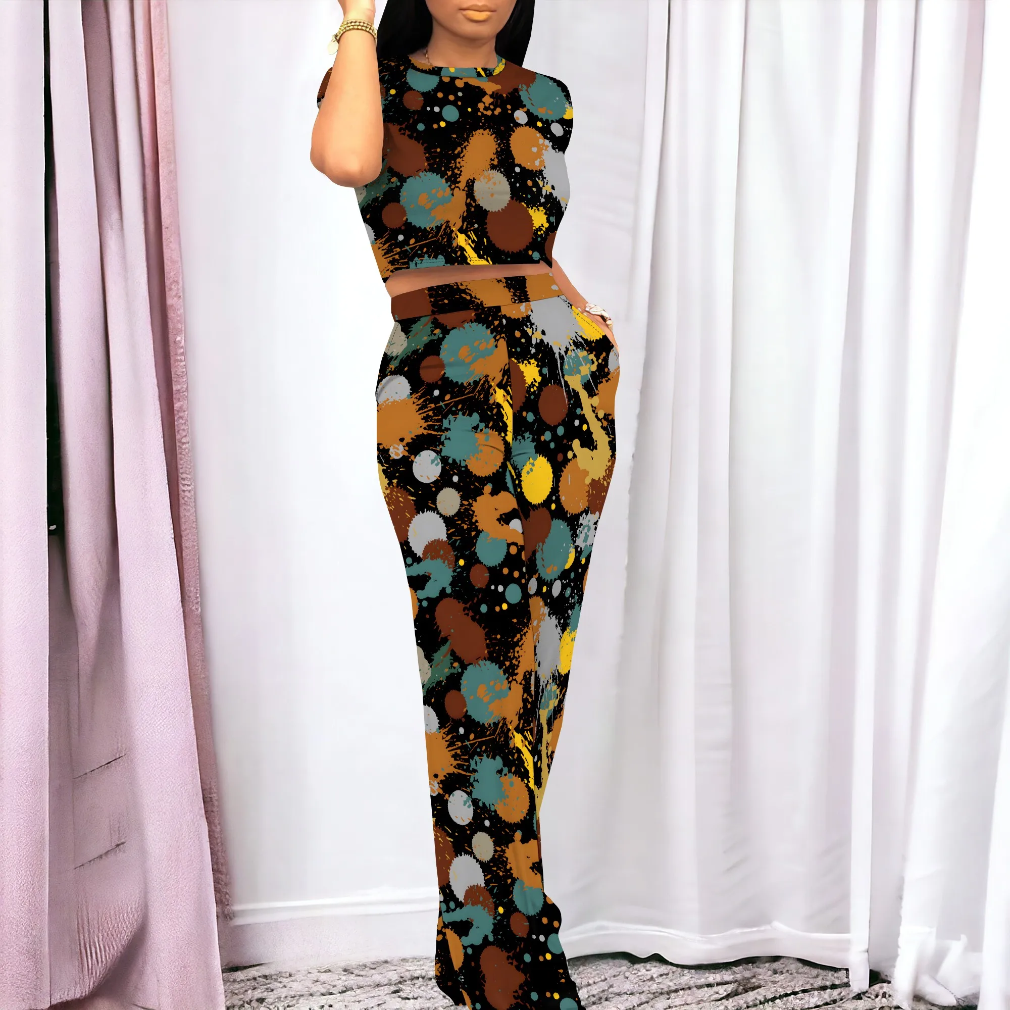 Geometric Patchwork Print 2 Piece Set Streetwear Crop Top and Pants