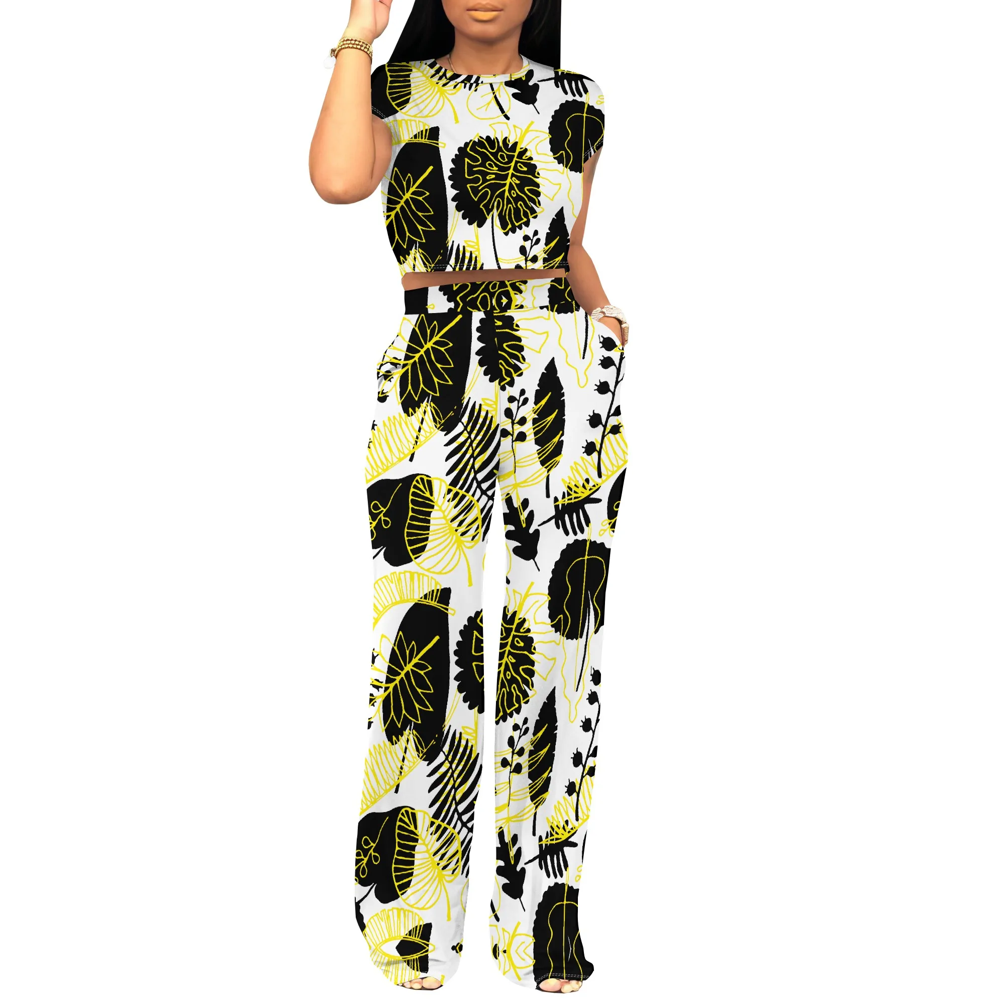 Geometric Patchwork Print 2 Piece Set Streetwear Crop Top and Pants