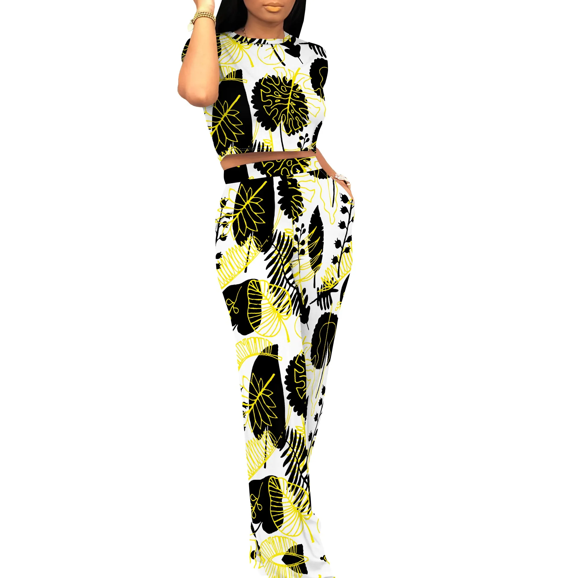 Geometric Patchwork Print 2 Piece Set Streetwear Crop Top and Pants