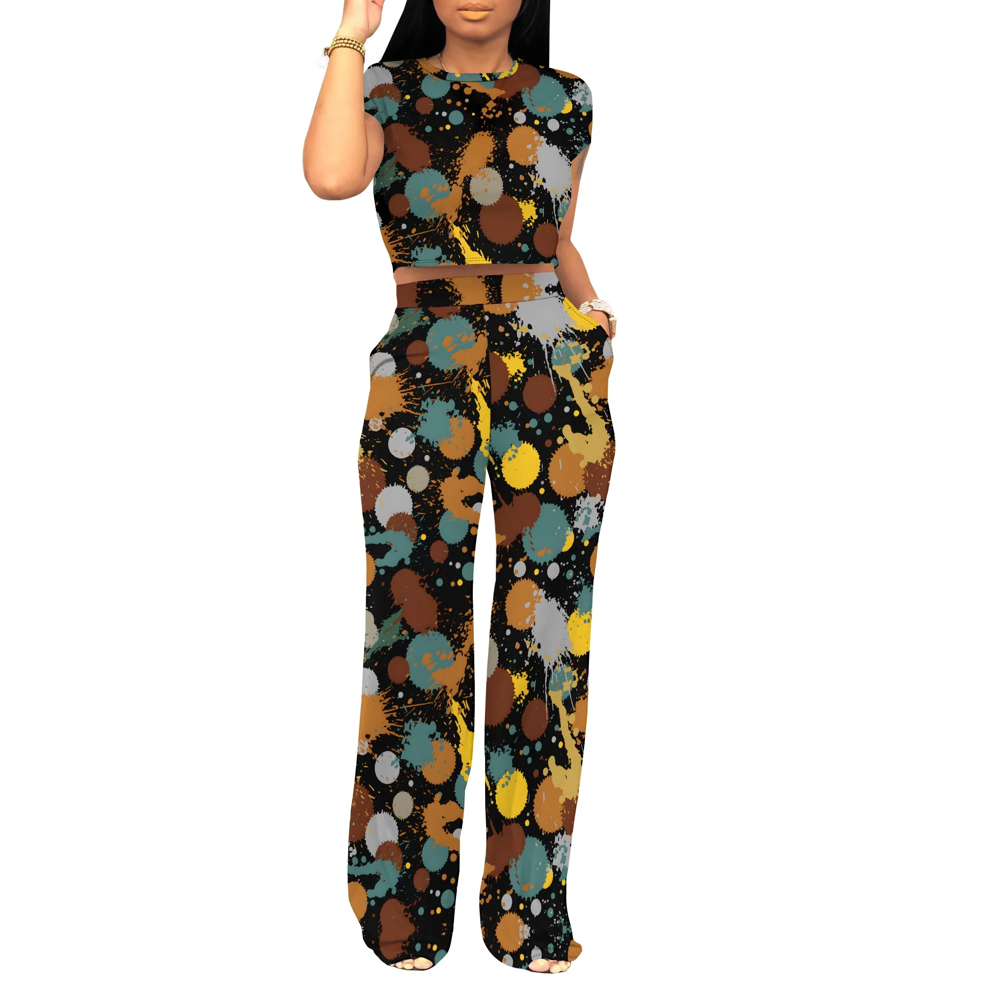 Geometric Patchwork Print 2 Piece Set Streetwear Crop Top and Pants