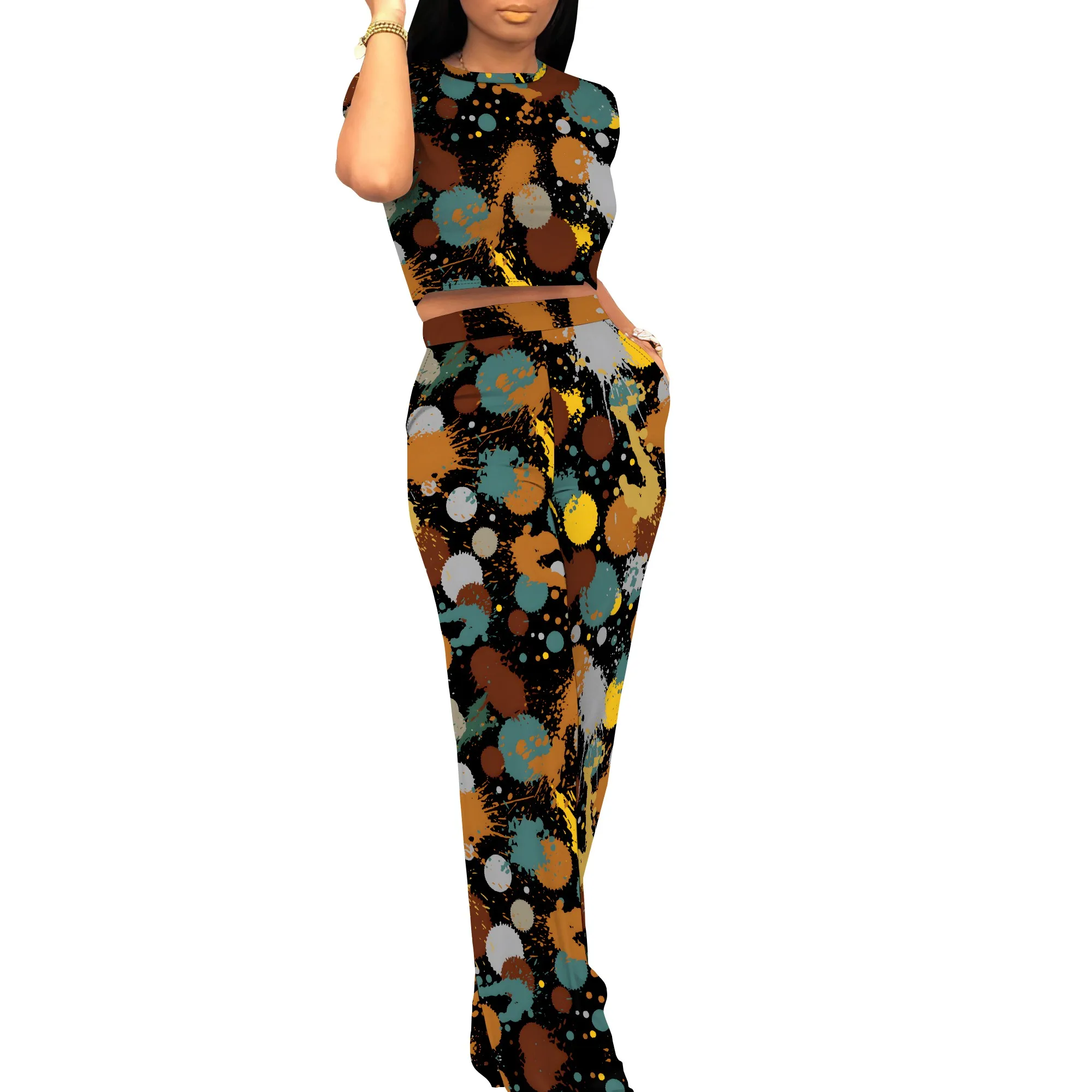 Geometric Patchwork Print 2 Piece Set Streetwear Crop Top and Pants
