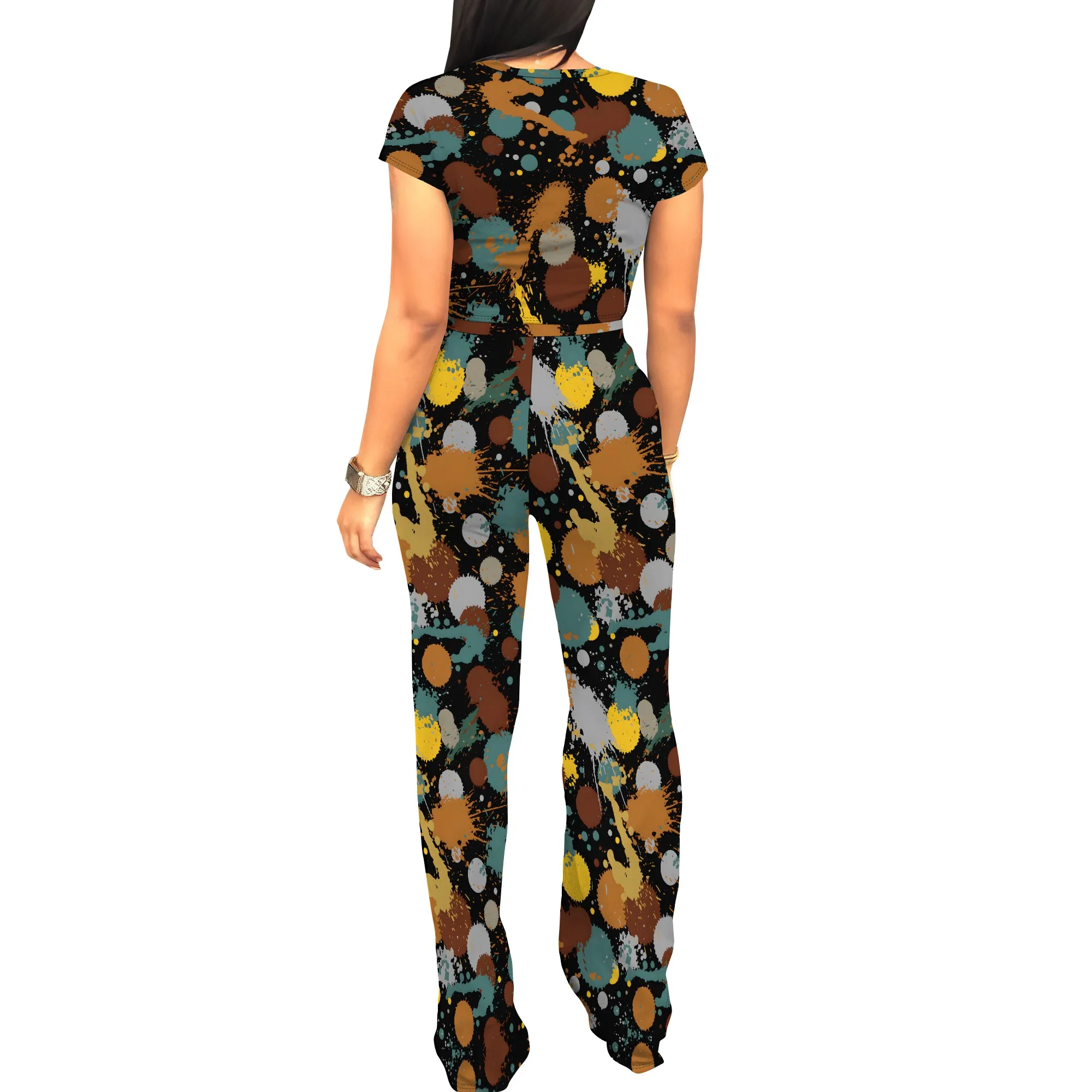 Geometric Patchwork Print 2 Piece Set Streetwear Crop Top and Pants
