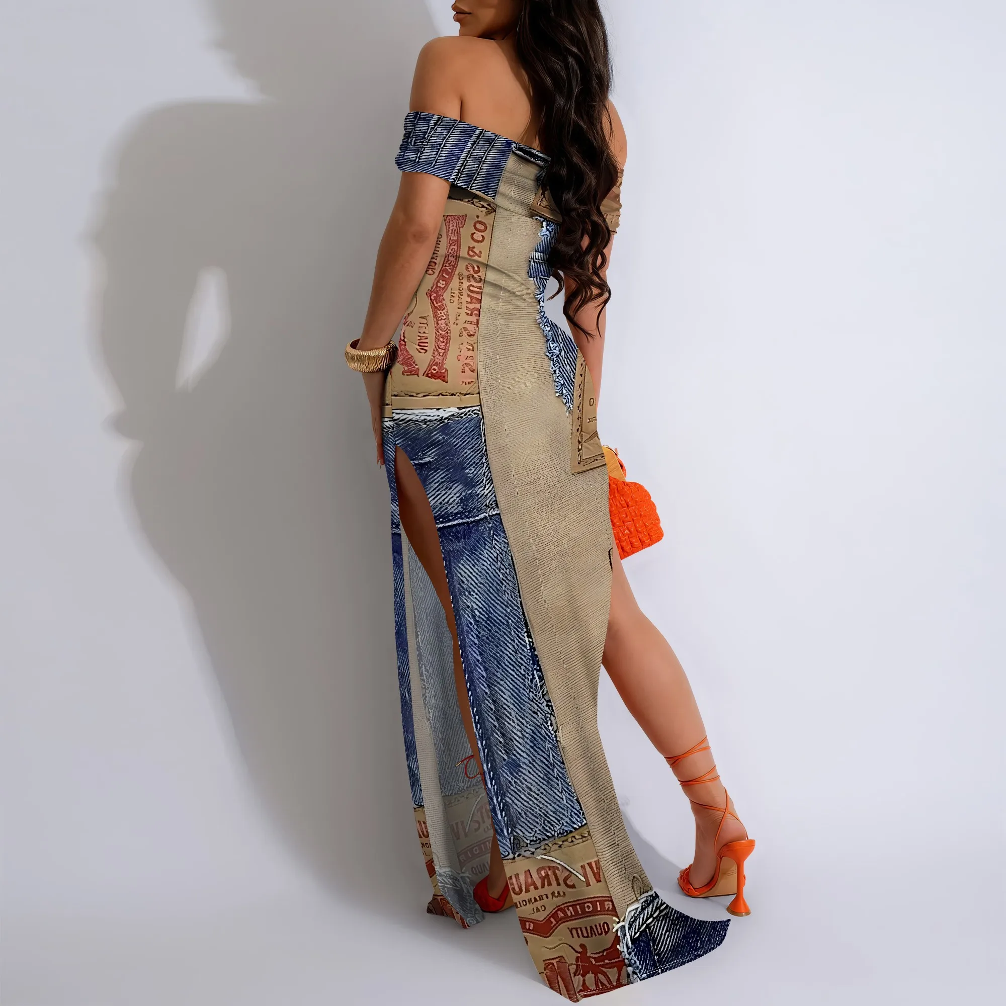 Denim Print Off-Shoulder High Slit Maxi Dress - Women's Trendy Urban Party Evening Resortwear Date Night