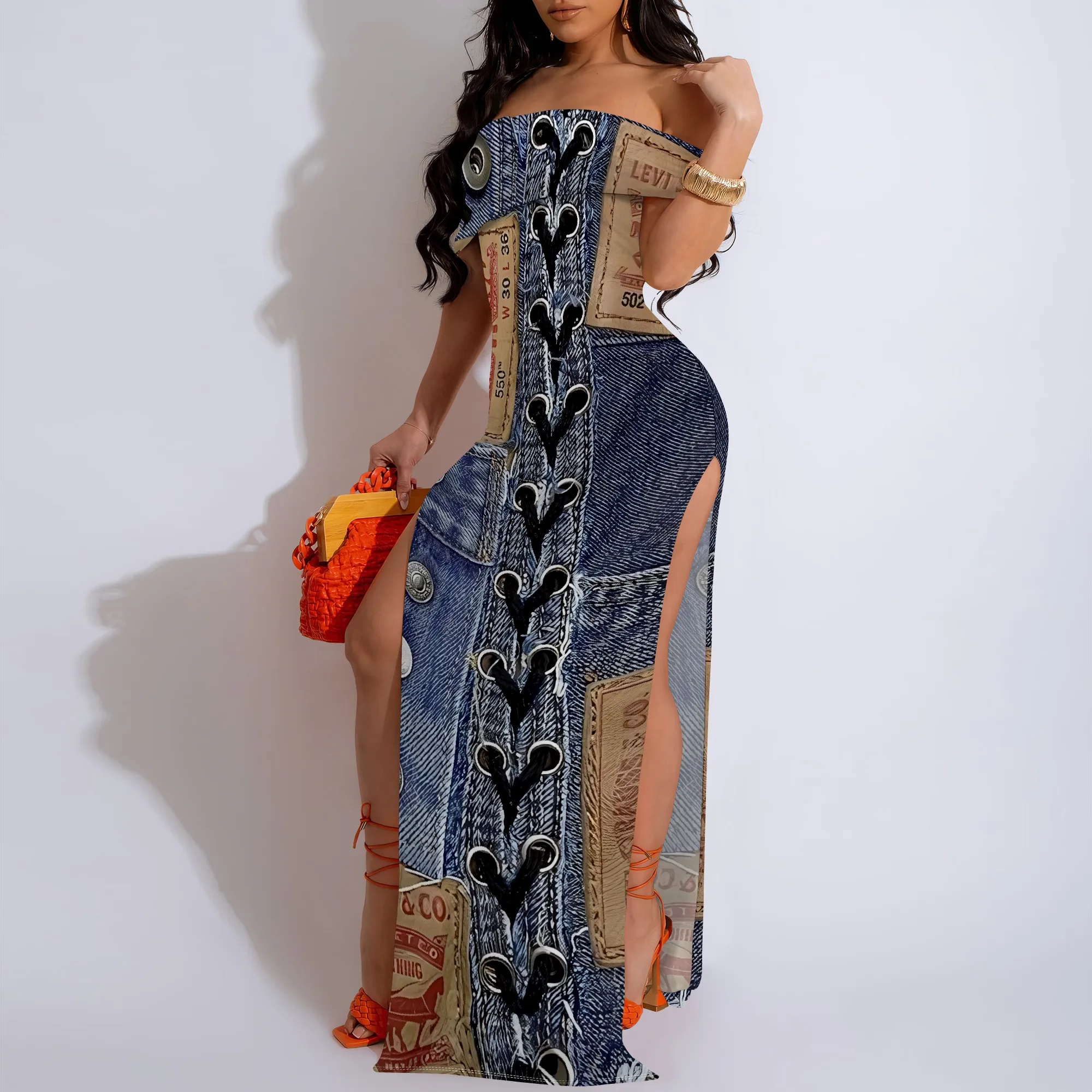 Denim Print Off-Shoulder High Slit Maxi Dress - Women's Trendy Urban Party Evening Resortwear Date Night