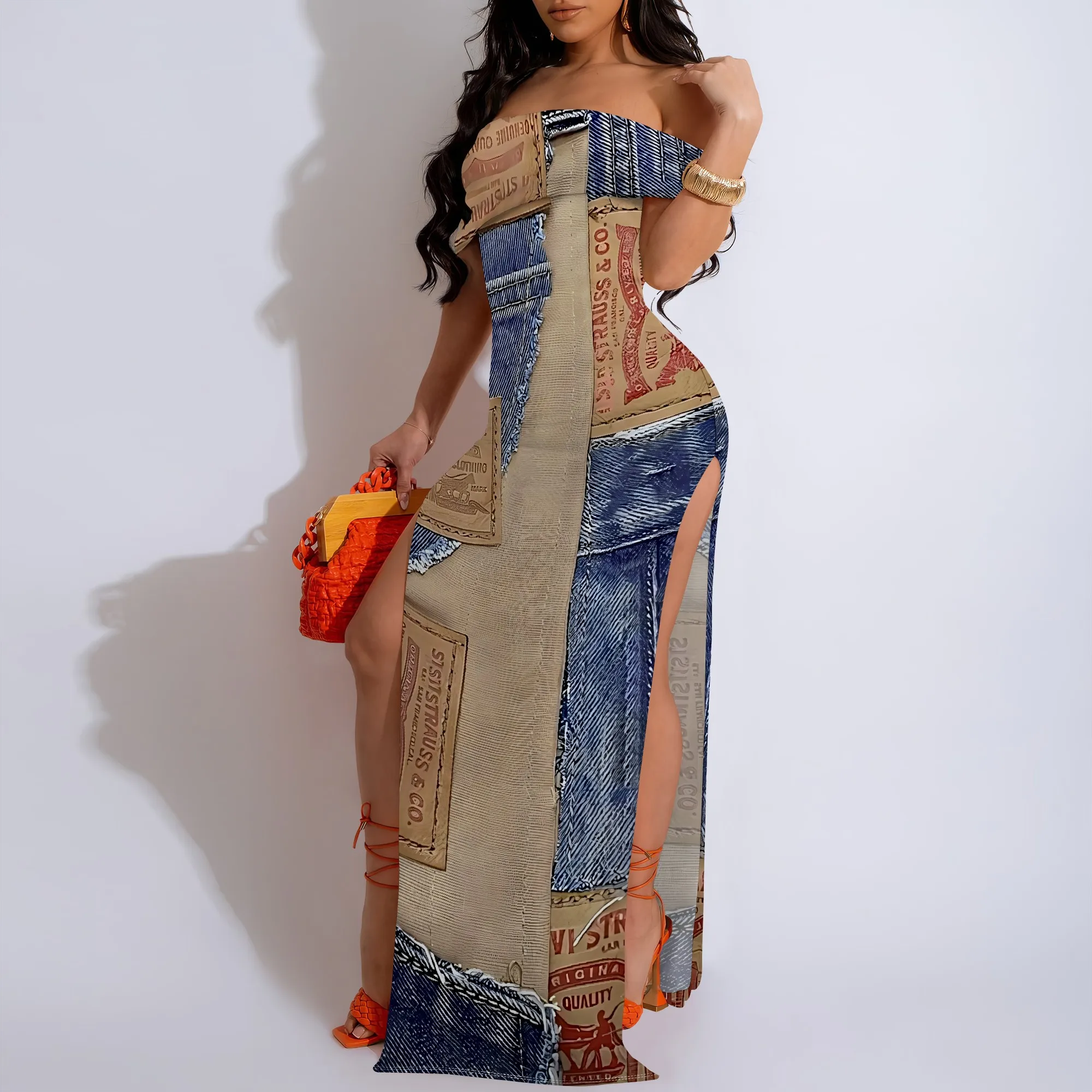 Denim Print Off-Shoulder High Slit Maxi Dress - Women's Trendy Urban Party Evening Resortwear Date Night