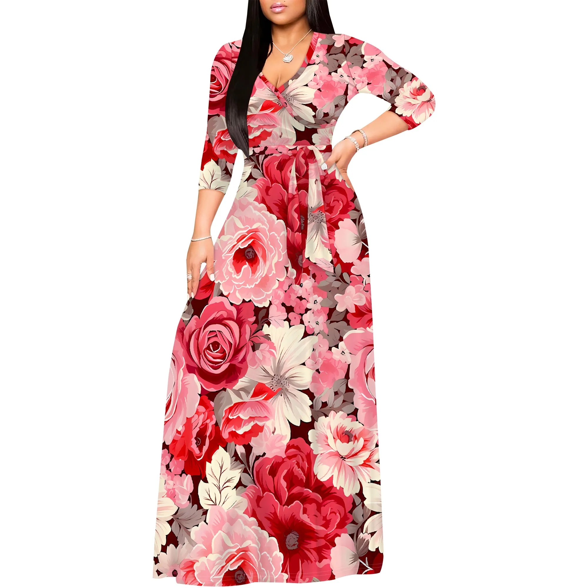 Floral Rose V-Neck 3/4 Sleeve Wrap Maxi Dress with Belt - Women's Romantic Elegant Party Evening Resortwear