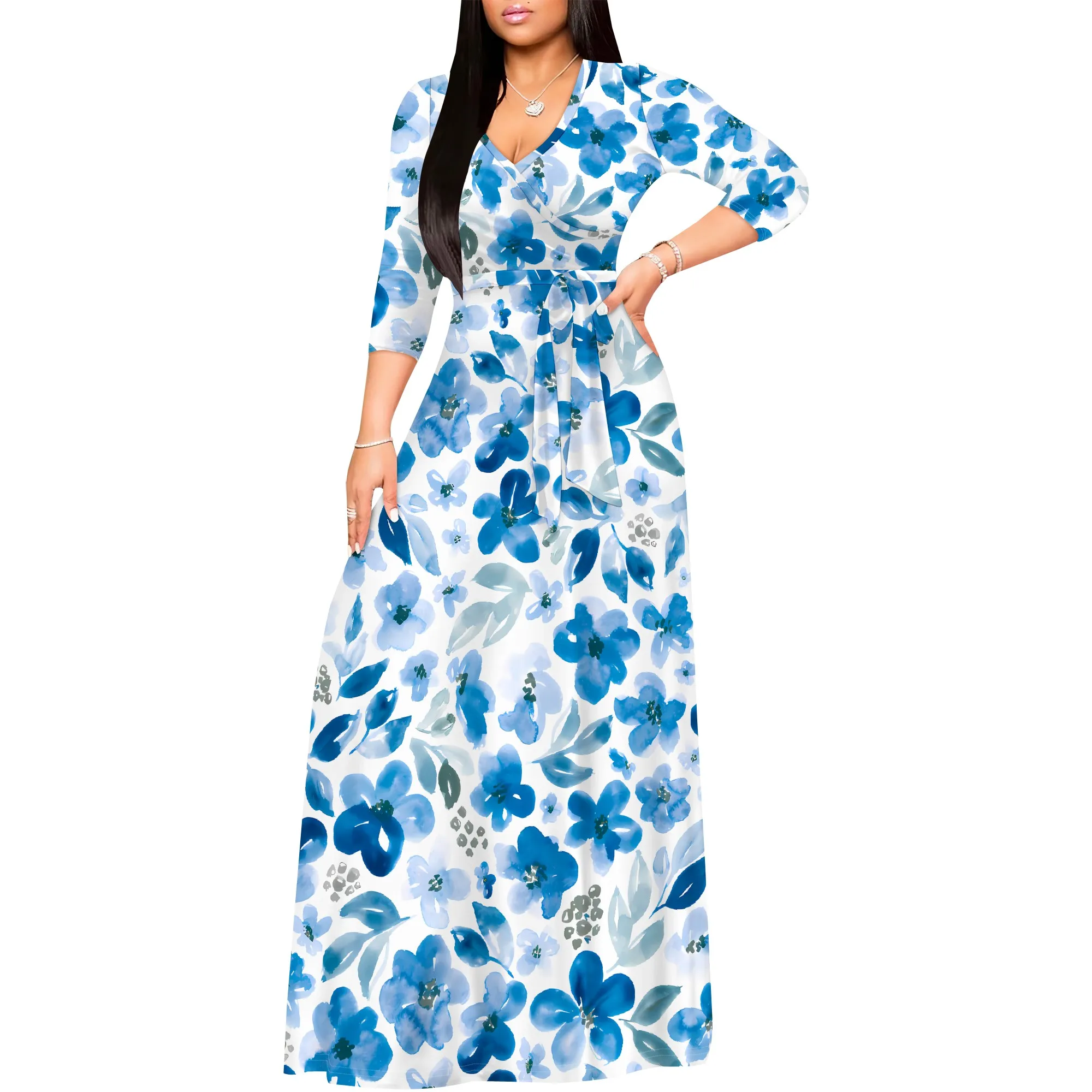 Floral Rose V-Neck 3/4 Sleeve Wrap Maxi Dress with Belt - Women's Romantic Elegant Party Evening Resortwear