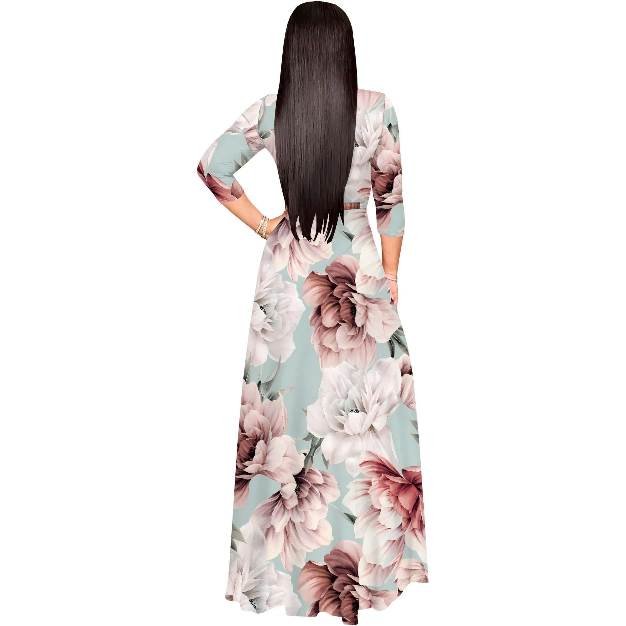 Floral Rose V-Neck 3/4 Sleeve Wrap Maxi Dress with Belt - Women's Romantic Elegant Party Evening Resortwear