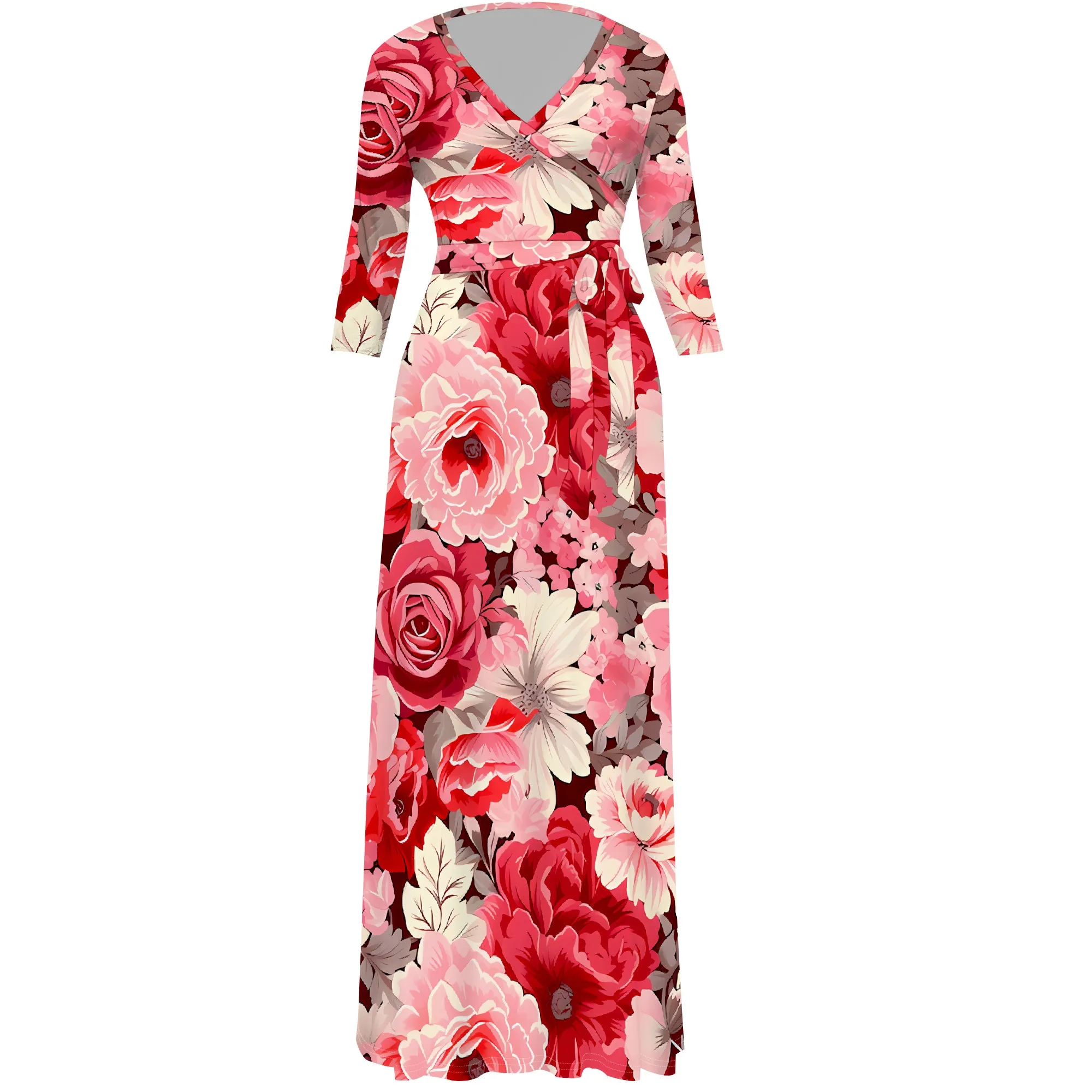 Floral Rose V-Neck 3/4 Sleeve Wrap Maxi Dress with Belt - Women's Romantic Elegant Party Evening Resortwear