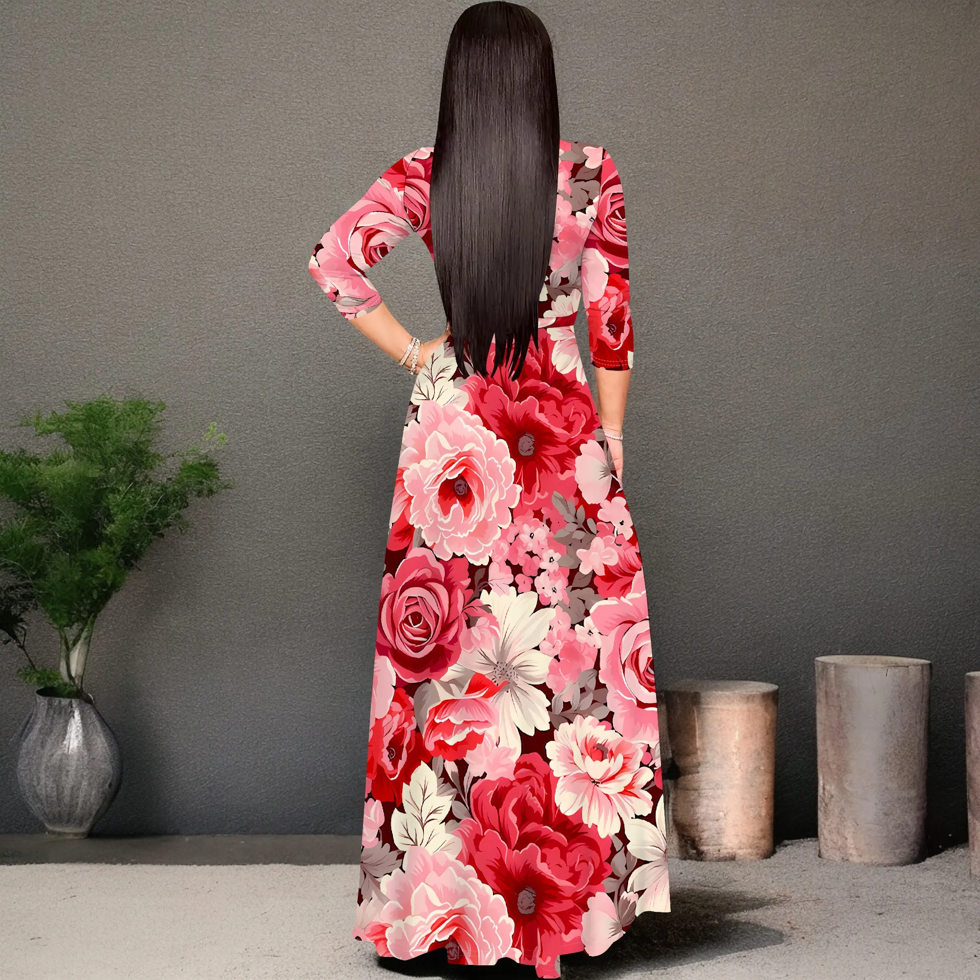 Floral Rose V-Neck 3/4 Sleeve Wrap Maxi Dress with Belt - Women's Romantic Elegant Party Evening Resortwear