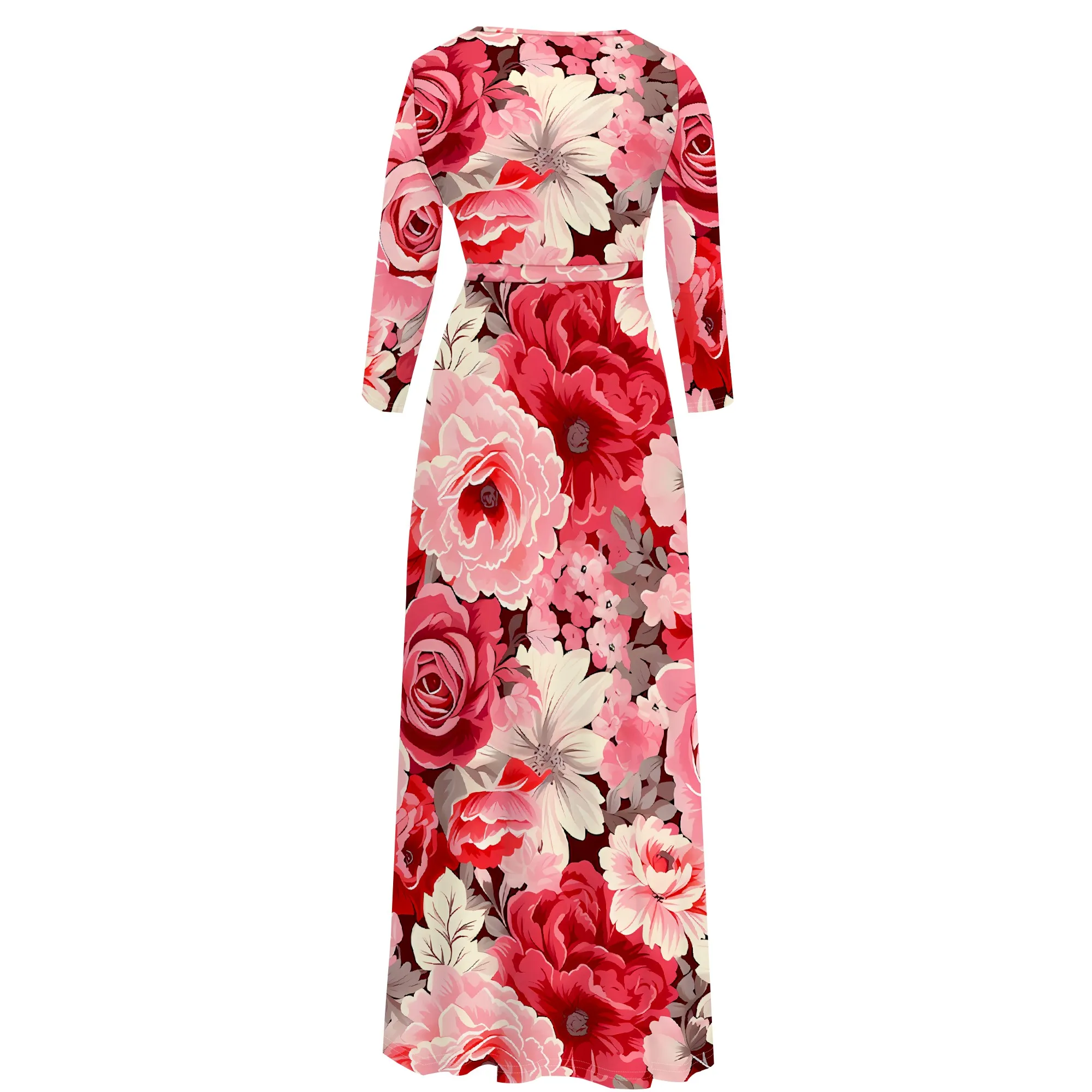 Floral Rose V-Neck 3/4 Sleeve Wrap Maxi Dress with Belt - Women's Romantic Elegant Party Evening Resortwear