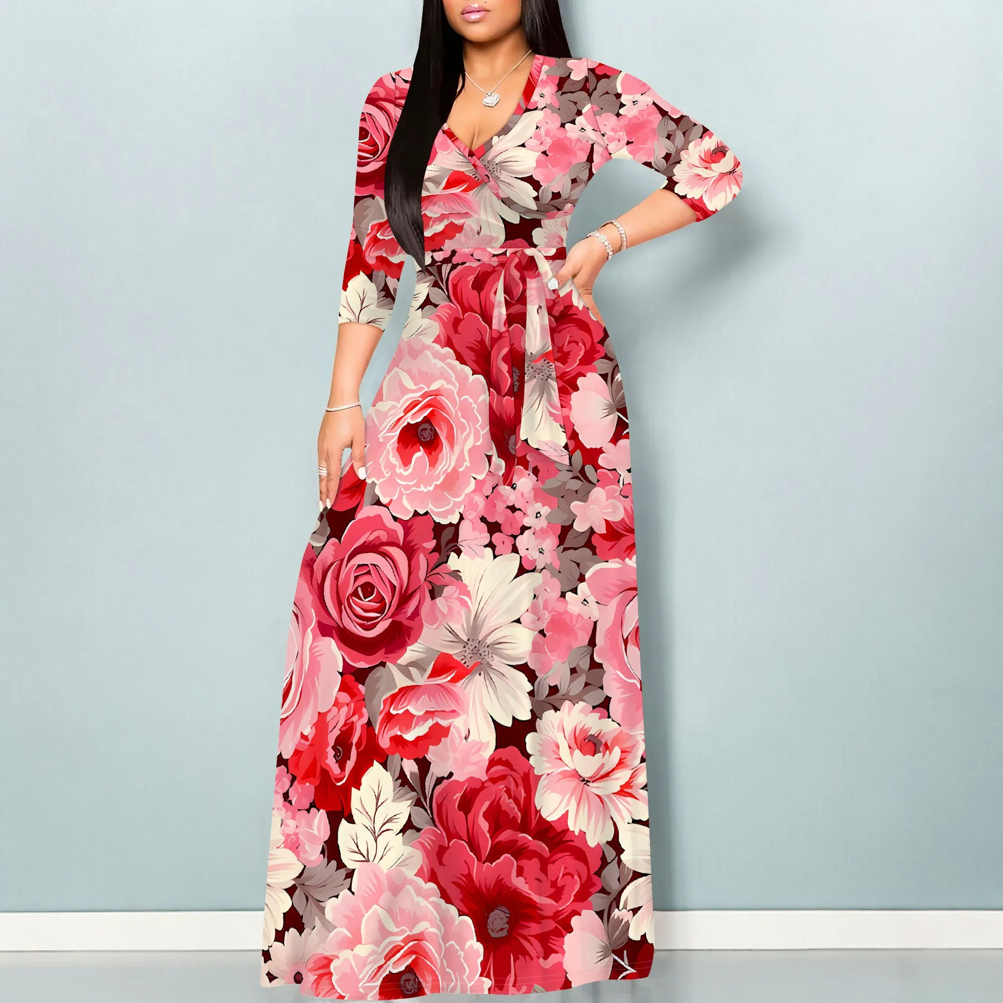 Floral Rose V-Neck 3/4 Sleeve Wrap Maxi Dress with Belt - Women's Romantic Elegant Party Evening Resortwear