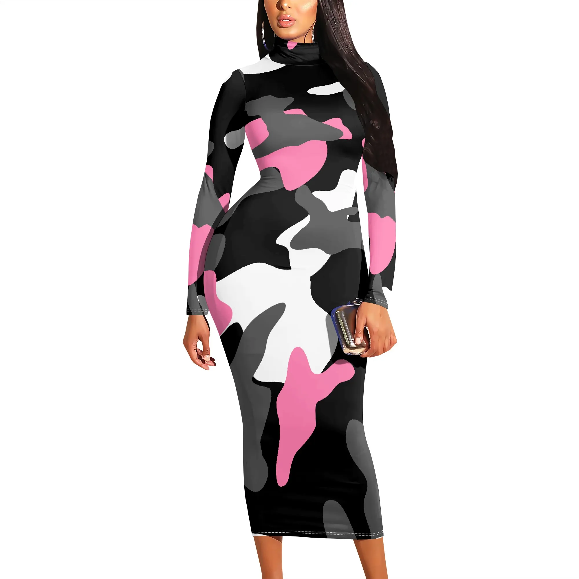 Pink Camouflage Bodycon Dress Long Sleeve Streetwear Urban Style Party Outfit Pink Camouflage Bodycon Dress Long Sleeve Streetwear Urban Style Party Outfit