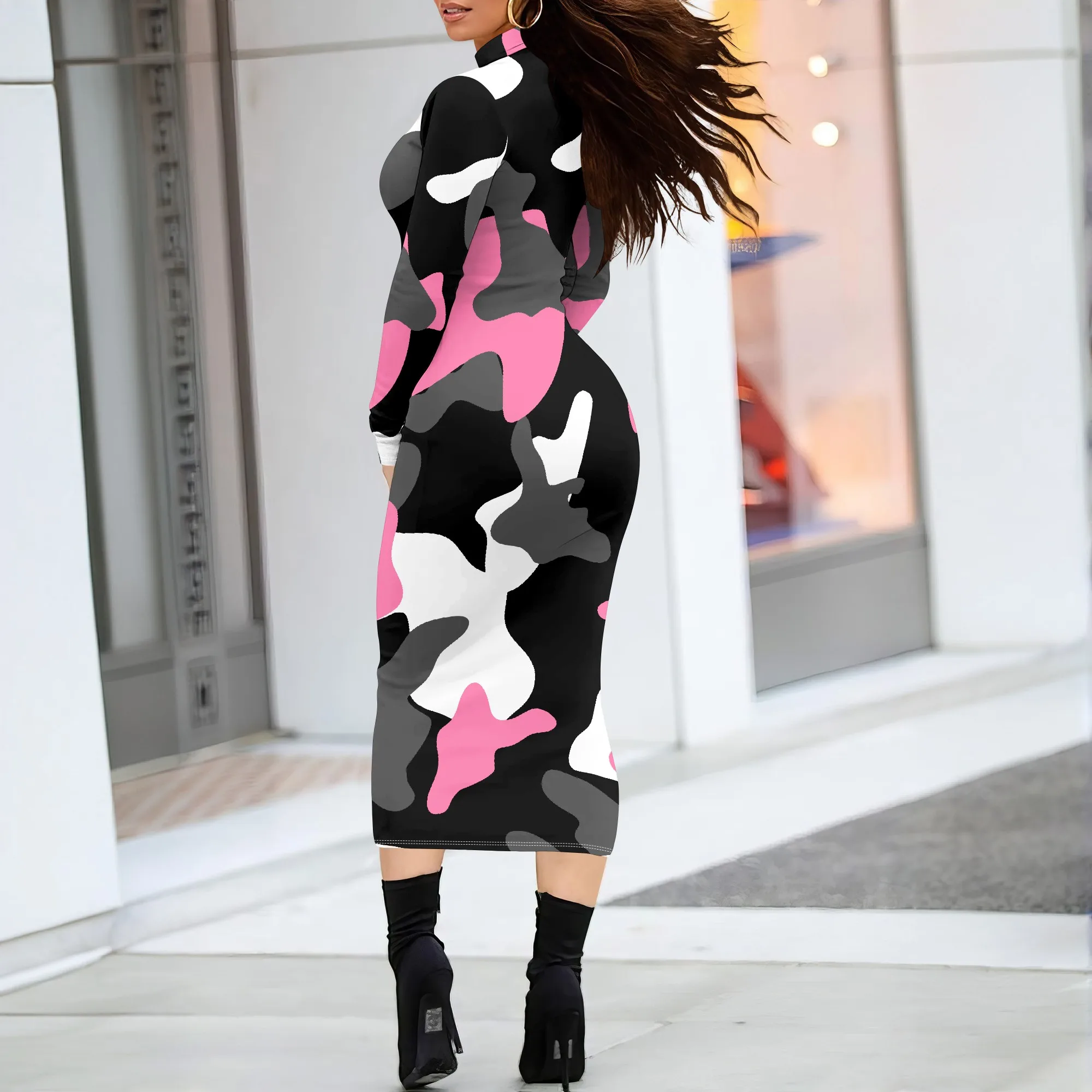 Pink Camouflage Bodycon Dress Long Sleeve Streetwear Urban Style Party Outfit Pink Camouflage Bodycon Dress Long Sleeve Streetwear Urban Style Party Outfit