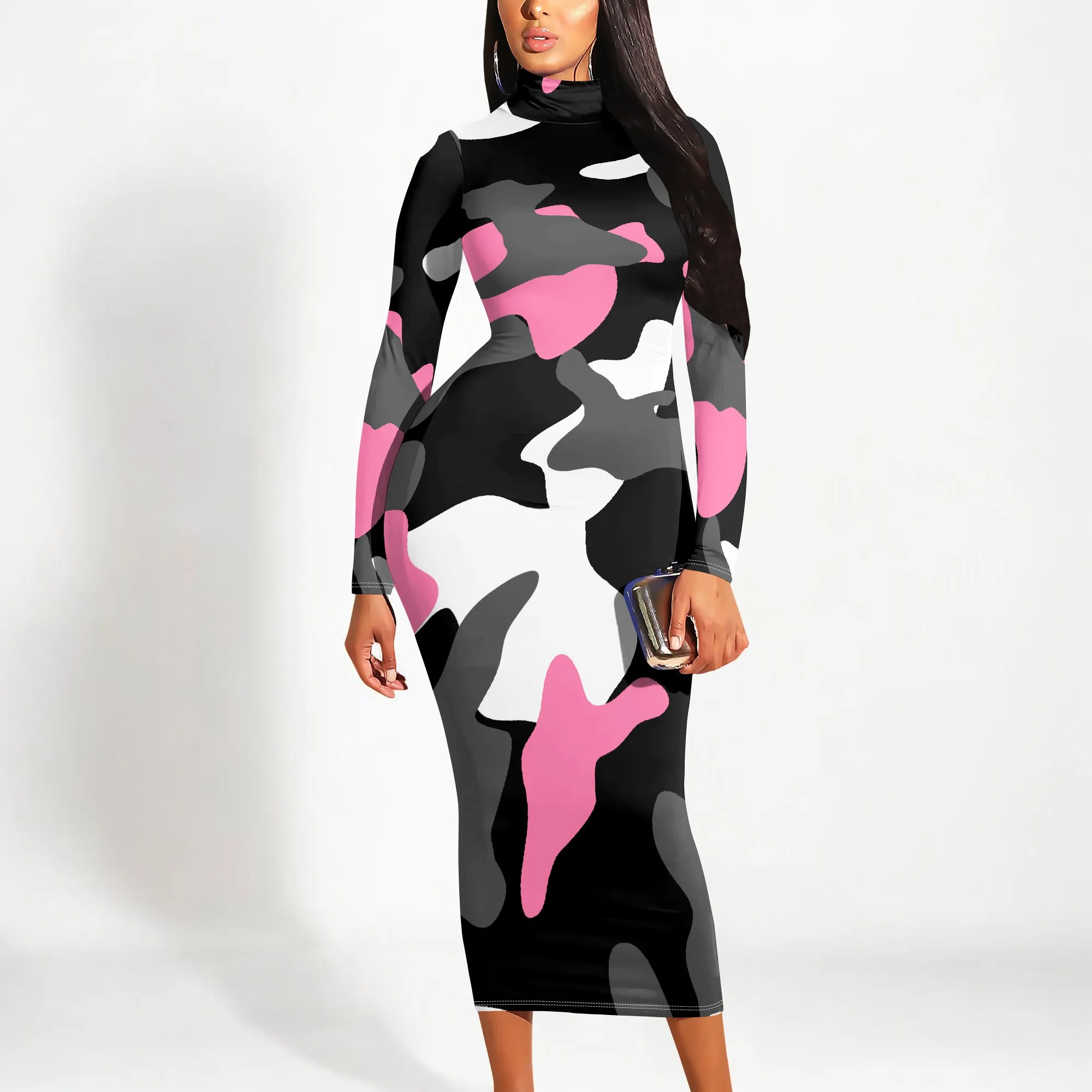 Pink Camouflage Bodycon Dress Long Sleeve Streetwear Urban Style Party Outfit Pink Camouflage Bodycon Dress Long Sleeve Streetwear Urban Style Party Outfit