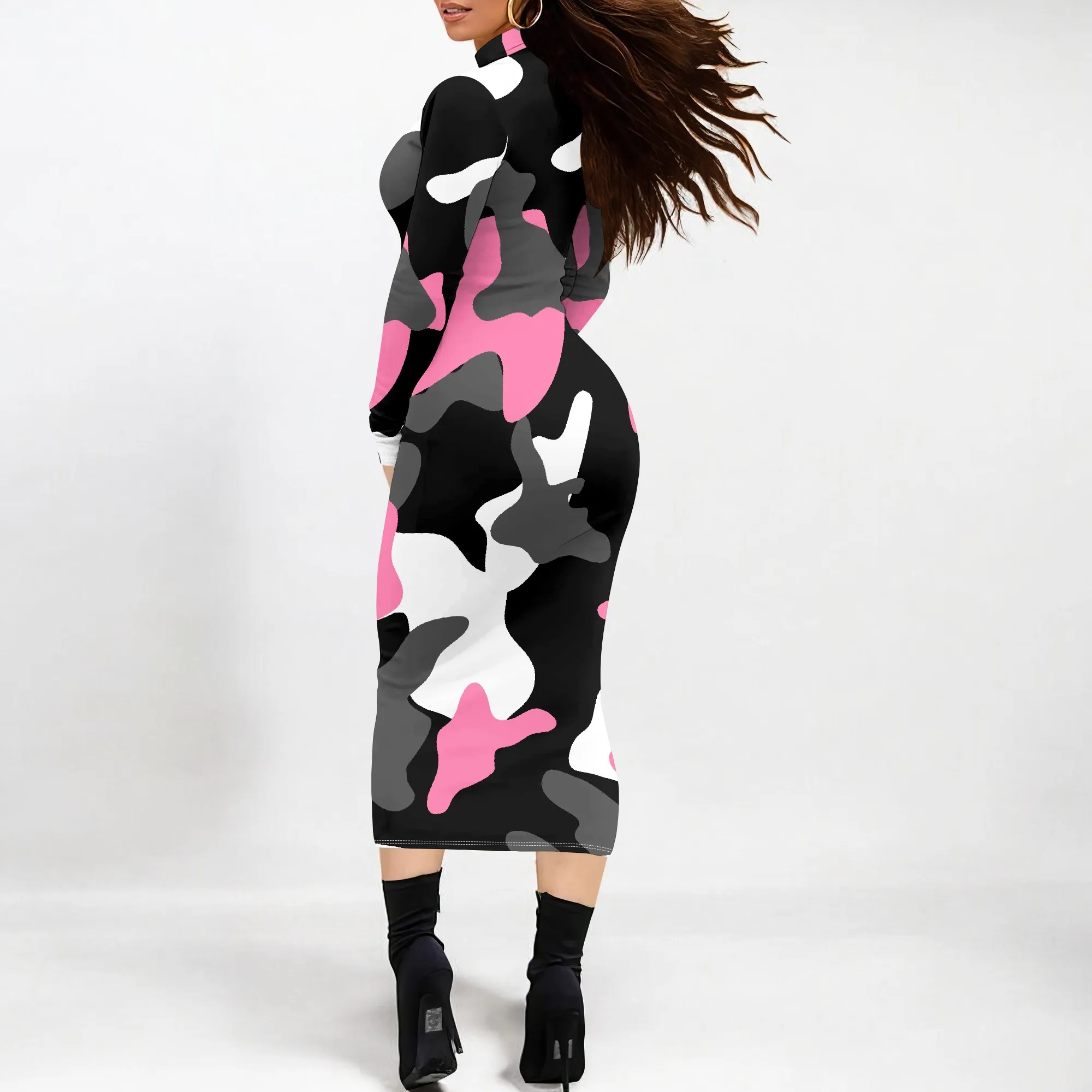 Pink Camouflage Bodycon Dress Long Sleeve Streetwear Urban Style Party Outfit Pink Camouflage Bodycon Dress Long Sleeve Streetwear Urban Style Party Outfit