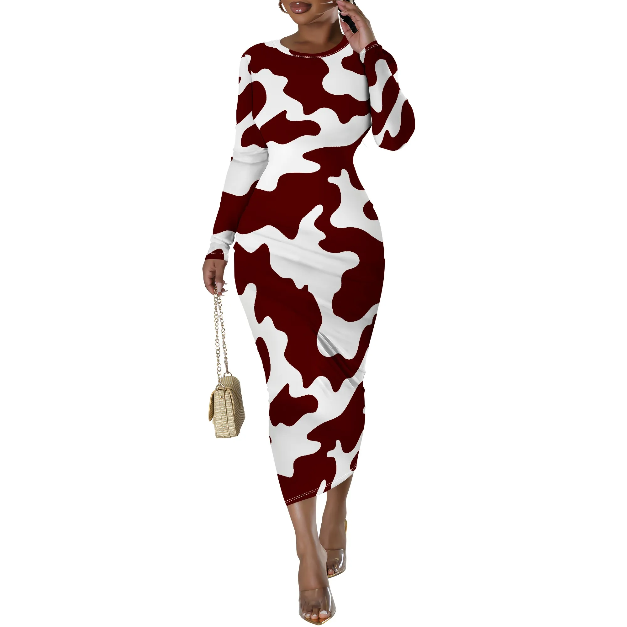 Plus Size Orange Cow Print Long Sleeve Bodycon Dress - Women's Trendy Playful Party Date Night Workwear Plus Size Orange Cow Print Long Sleeve Bodycon Dress - Women's Trendy Playful Party Date Night Workwear