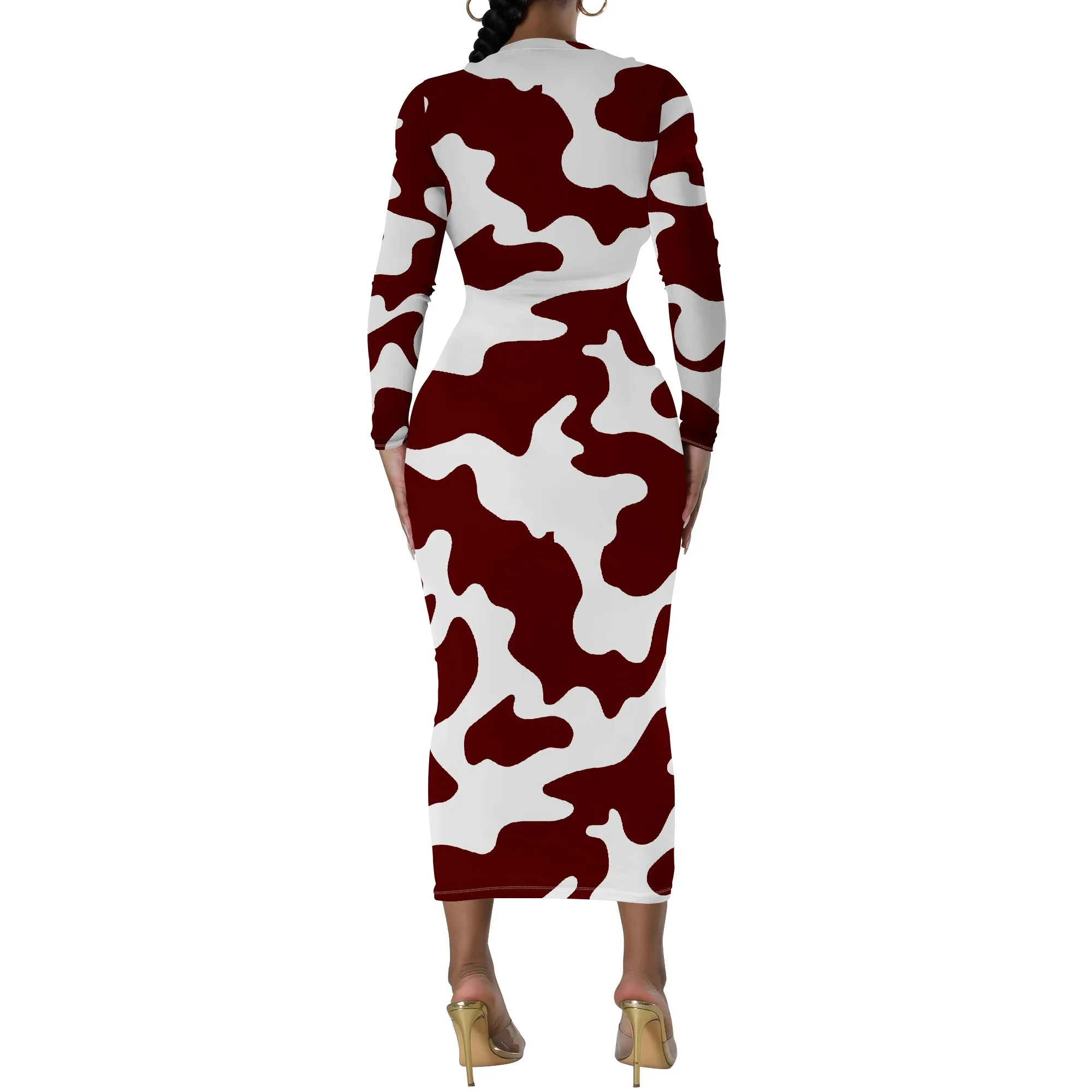 Plus Size Orange Cow Print Long Sleeve Bodycon Dress - Women's Trendy Playful Party Date Night Workwear Plus Size Orange Cow Print Long Sleeve Bodycon Dress - Women's Trendy Playful Party Date Night Workwear