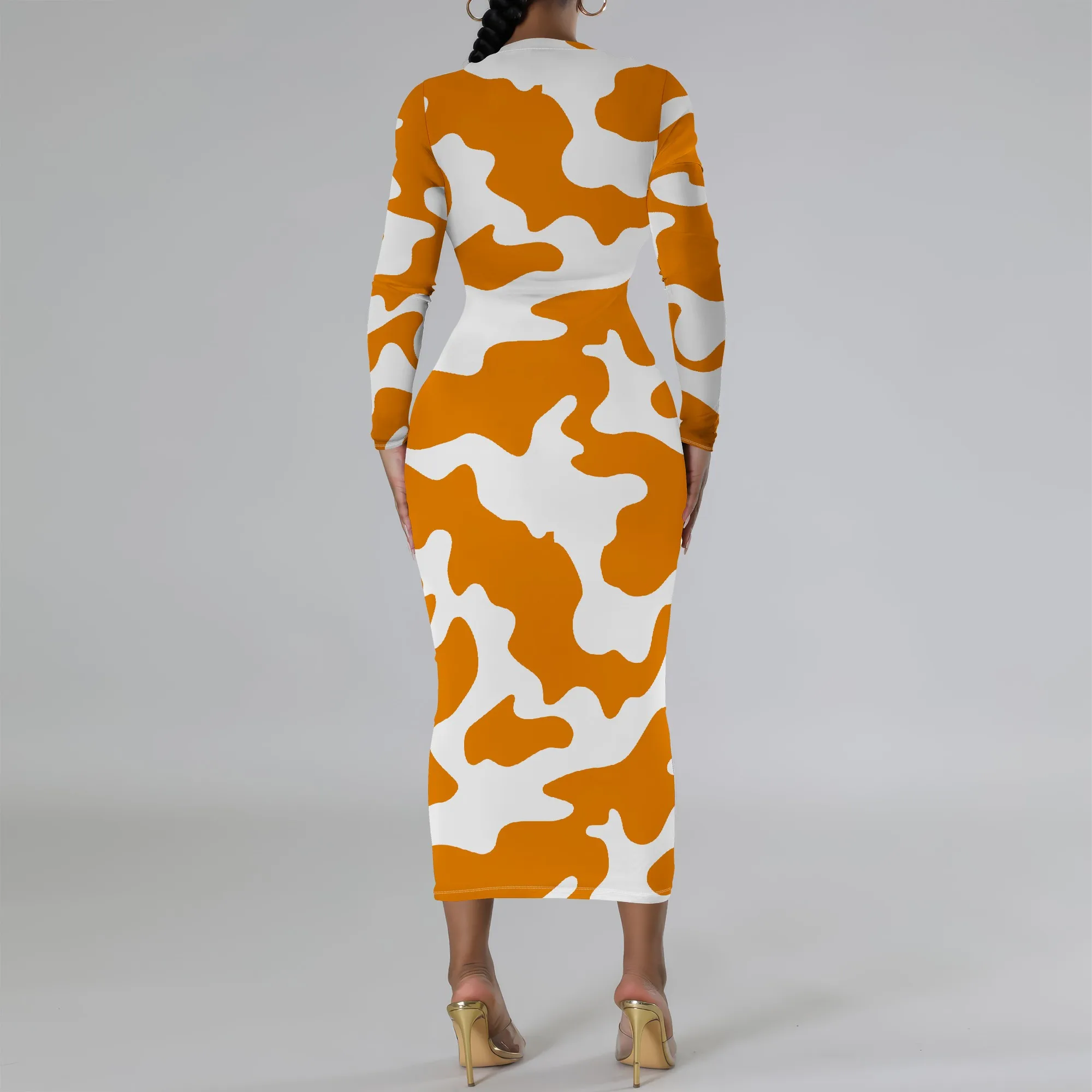 Plus Size Orange Cow Print Long Sleeve Bodycon Dress - Women's Trendy Playful Party Date Night Workwear Plus Size Orange Cow Print Long Sleeve Bodycon Dress - Women's Trendy Playful Party Date Night Workwear