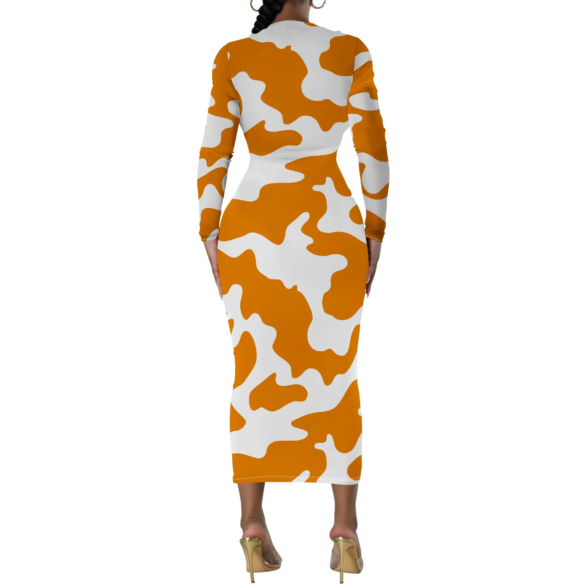 Plus Size Orange Cow Print Long Sleeve Bodycon Dress - Women's Trendy Playful Party Date Night Workwear Plus Size Orange Cow Print Long Sleeve Bodycon Dress - Women's Trendy Playful Party Date Night Workwear