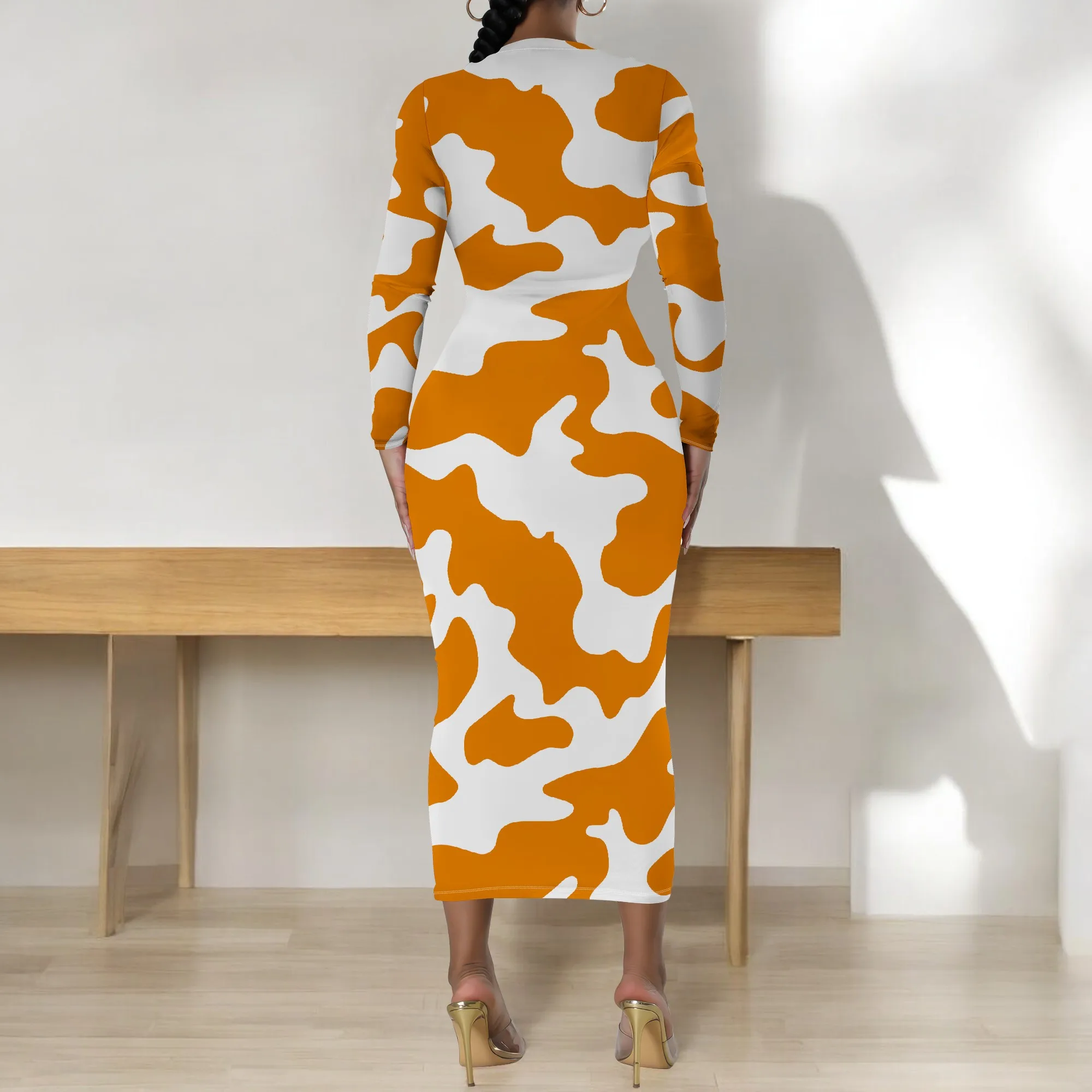 Plus Size Orange Cow Print Long Sleeve Bodycon Dress – Women’s Trendy Playful Party Date Night Workwear Plus Size Orange Cow Print Long Sleeve Bodycon Dress - Women's Trendy Playful Party Date Night Workwear