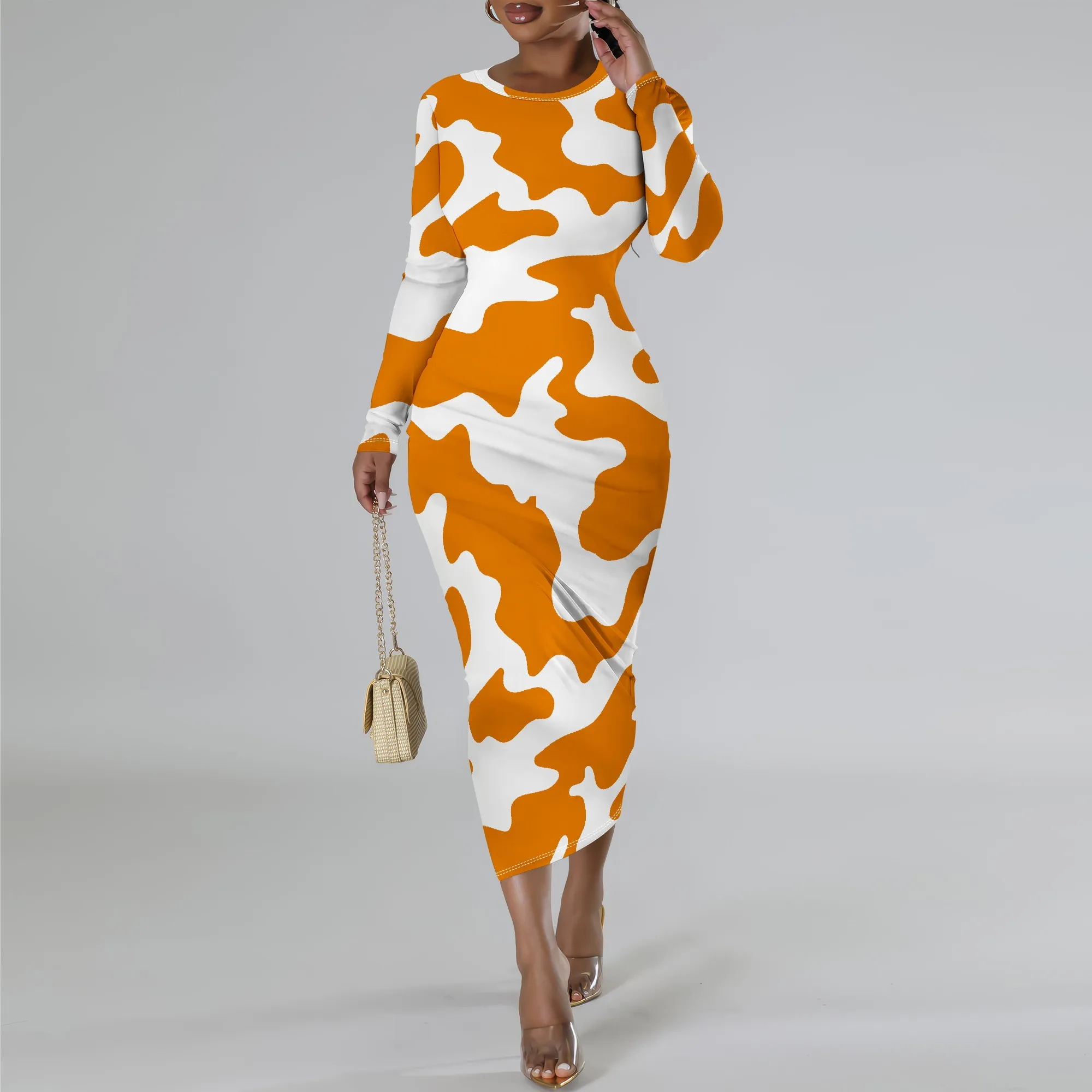 Plus Size Orange Cow Print Long Sleeve Bodycon Dress - Women's Trendy Playful Party Date Night Workwear Plus Size Orange Cow Print Long Sleeve Bodycon Dress - Women's Trendy Playful Party Date Night Workwear