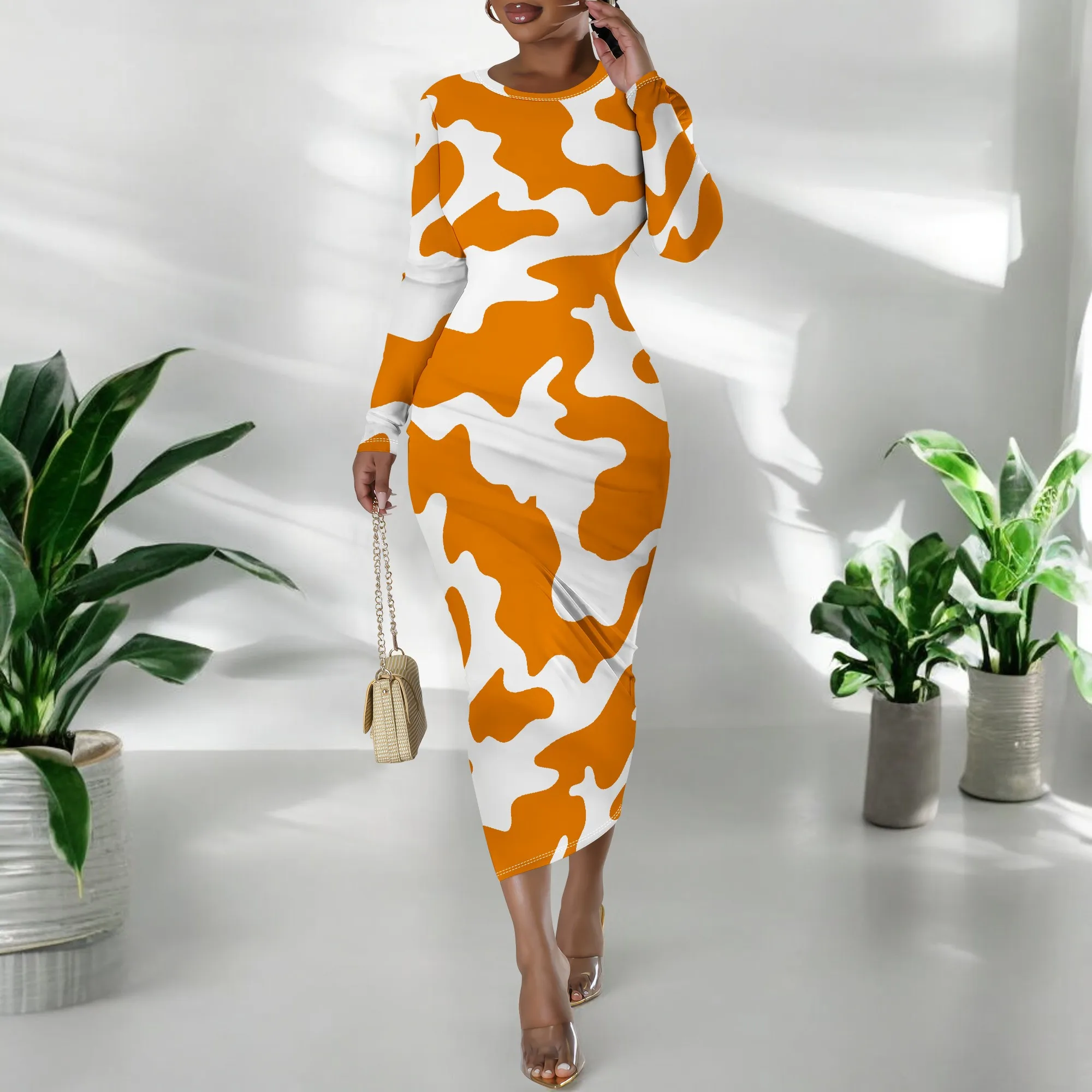 Plus Size Orange Cow Print Long Sleeve Bodycon Dress – Women’s Trendy Playful Party Date Night Workwear Plus Size Orange Cow Print Long Sleeve Bodycon Dress - Women's Trendy Playful Party Date Night Workwear