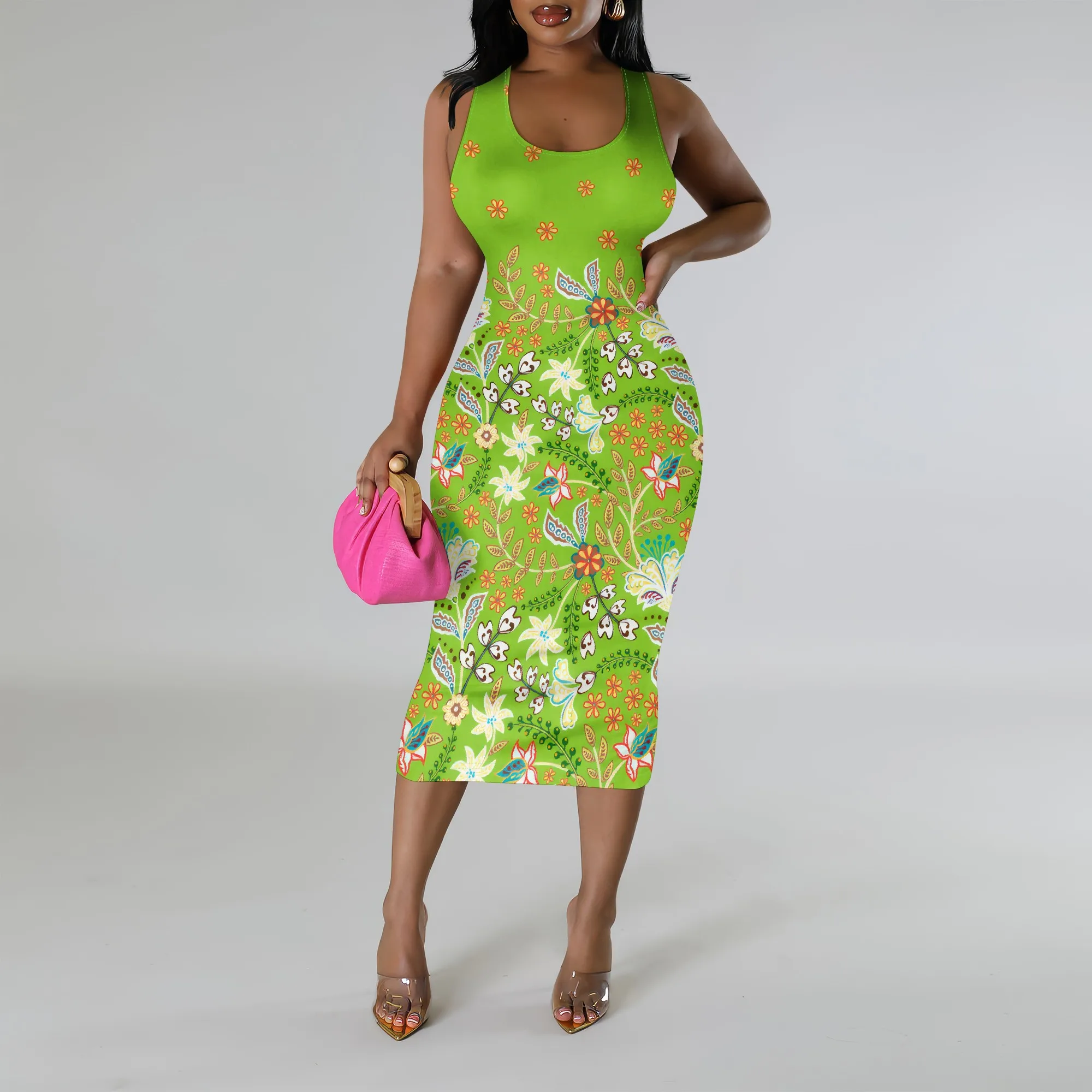 Green Ethnic Print Sleeveless Bodycon Dress Plus Size Slim Midi Summer Holiday Dress Green Ethnic Print Sleeveless Bodycon Dress Plus Size Slim Midi Summer Holiday Dress