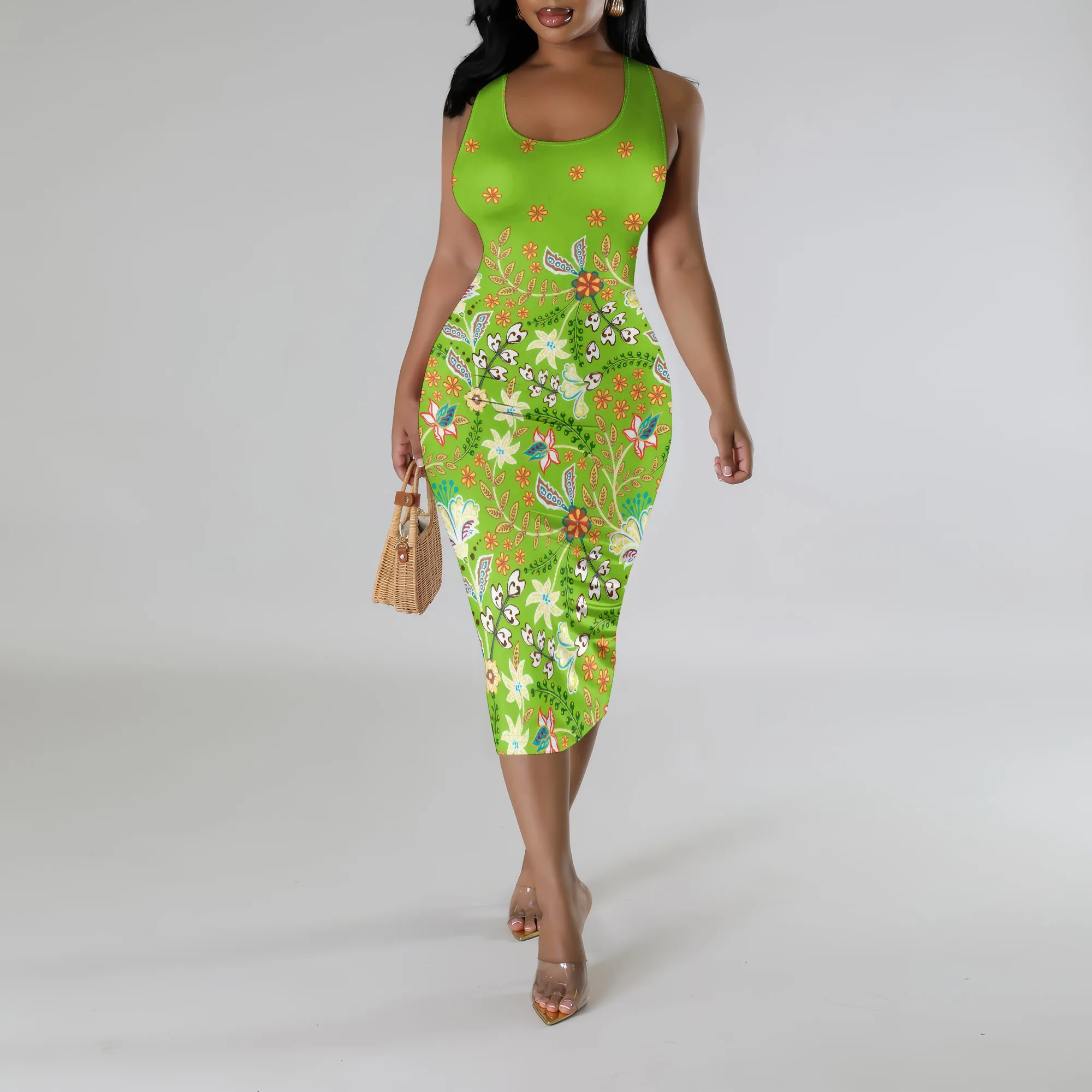 Green Ethnic Print Sleeveless Bodycon Dress Plus Size Slim Midi Summer Holiday Dress Green Ethnic Print Sleeveless Bodycon Dress Plus Size Slim Midi Summer Holiday Dress