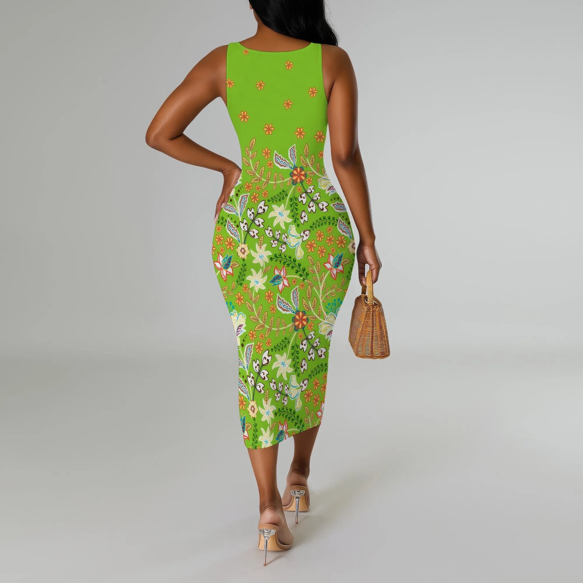 Green Ethnic Print Sleeveless Bodycon Dress Plus Size Slim Midi Summer Holiday Dress Green Ethnic Print Sleeveless Bodycon Dress Plus Size Slim Midi Summer Holiday Dress