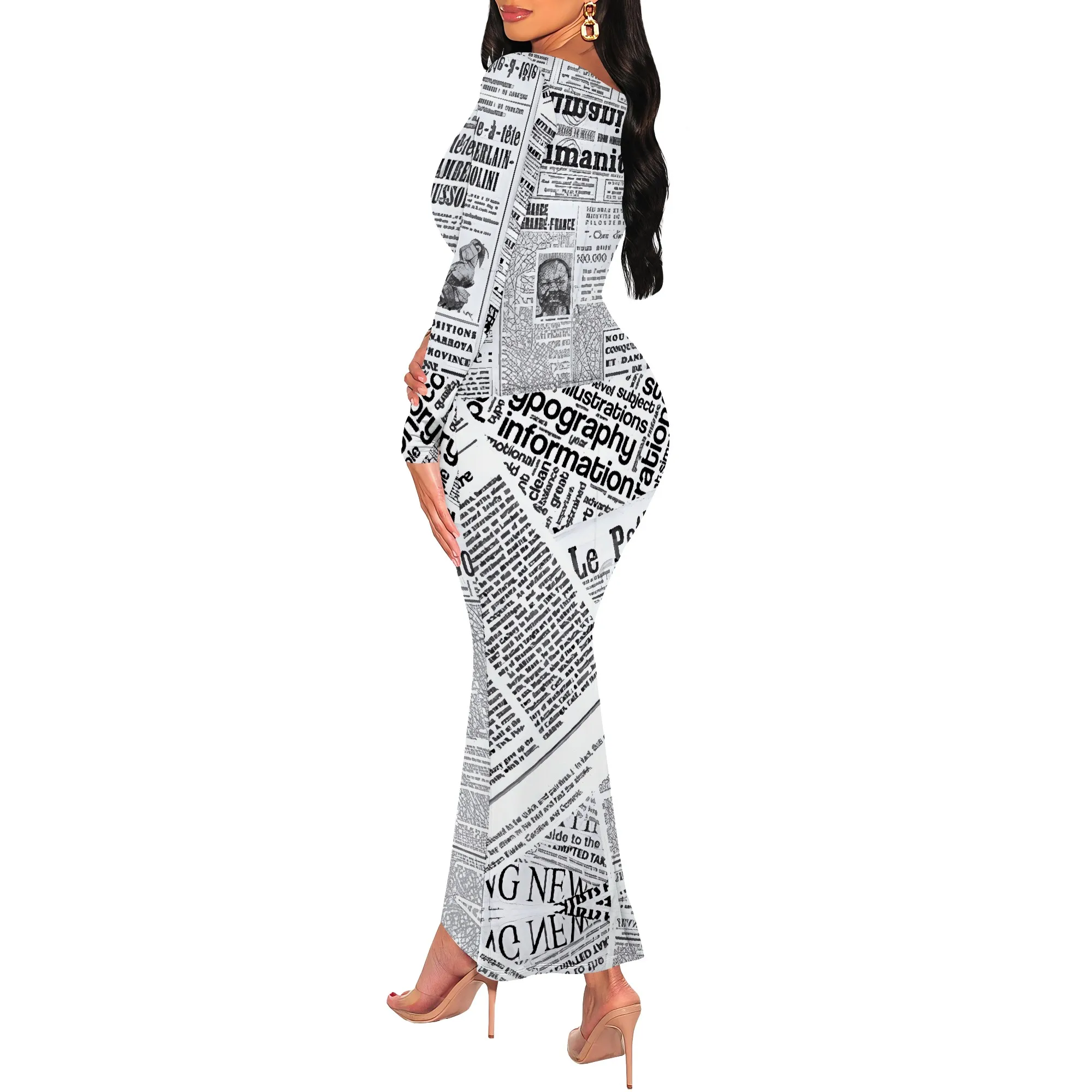 Newspaper Print Long Sleeve Bodycon Maxi Dress Trendy Scoop Neck Slim Fit Statement Style