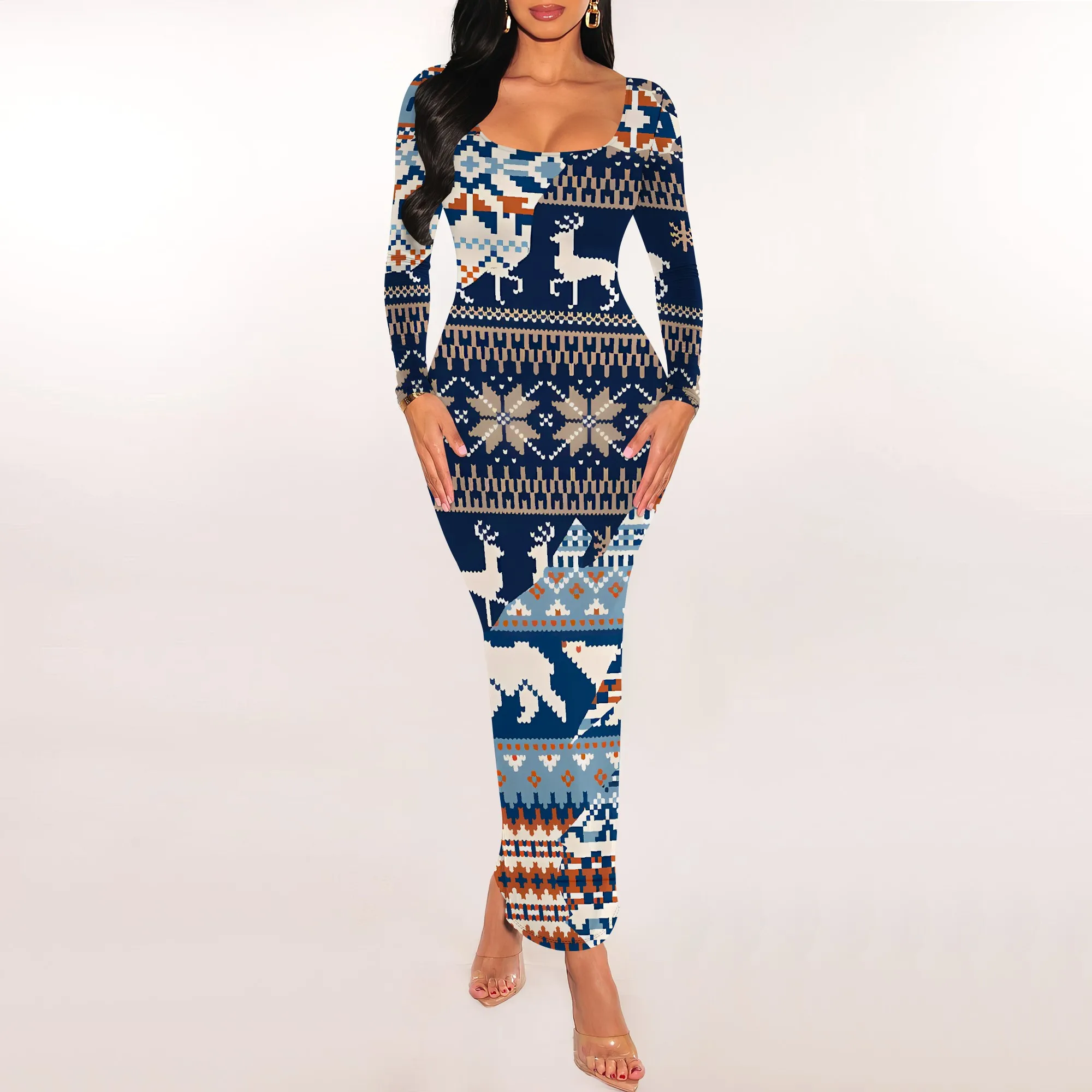 Newspaper Print Long Sleeve Bodycon Maxi Dress Trendy Scoop Neck Slim Fit Statement Style
