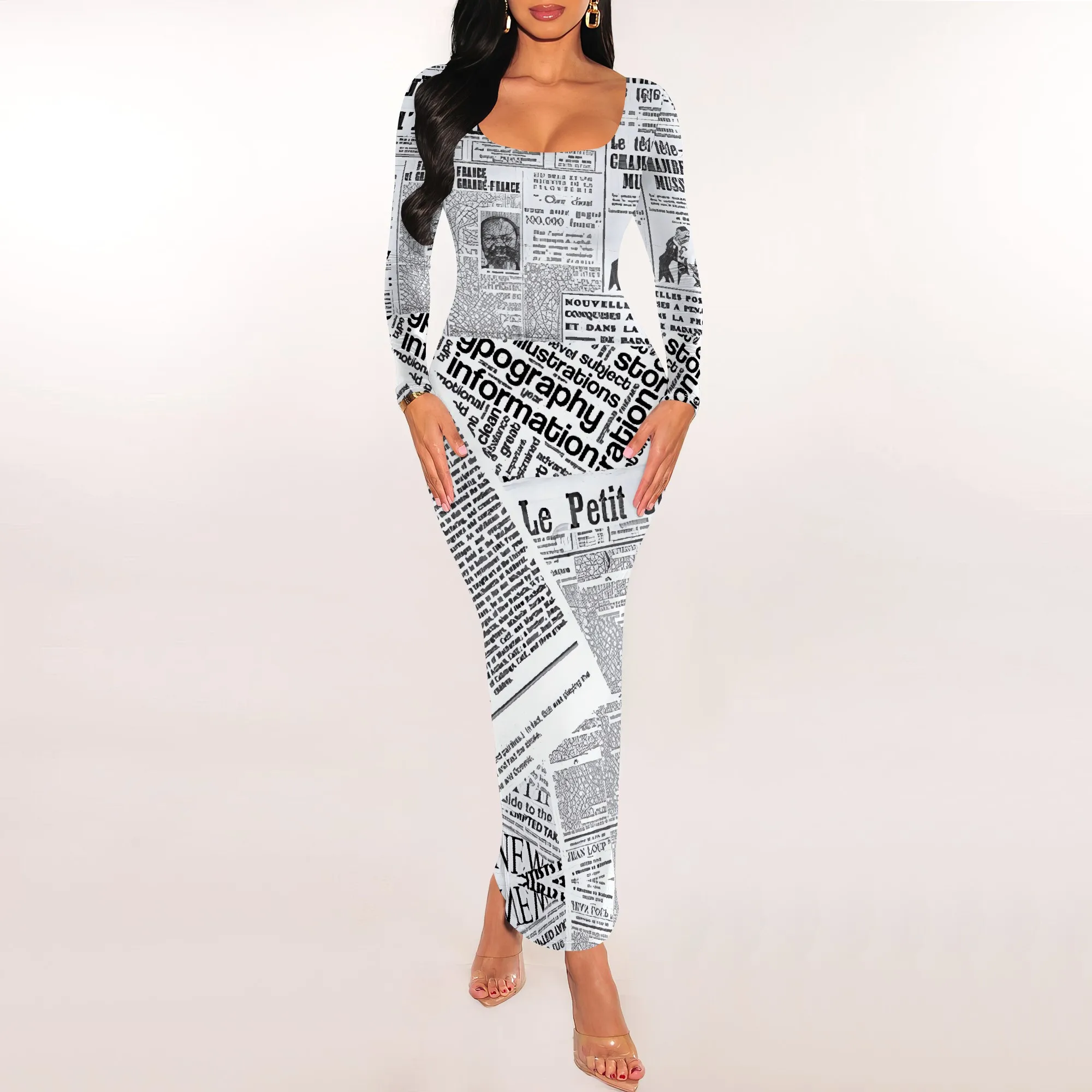 Newspaper Print Long Sleeve Bodycon Maxi Dress Trendy Scoop Neck Slim Fit Statement Style