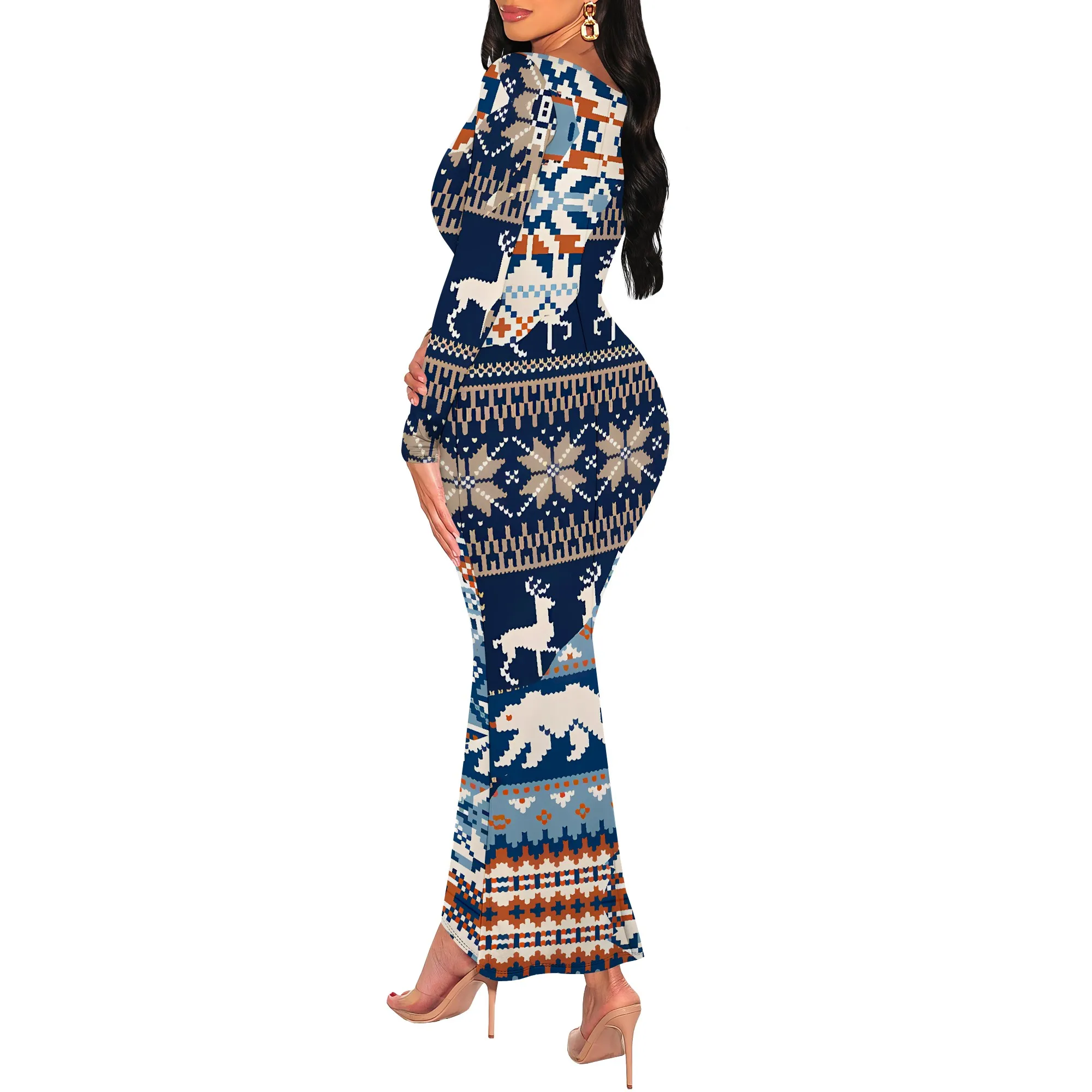 Newspaper Print Long Sleeve Bodycon Maxi Dress Trendy Scoop Neck Slim Fit Statement Style