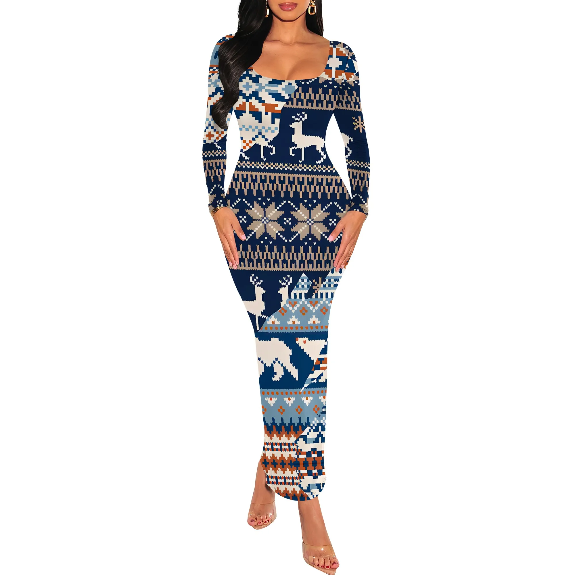 Newspaper Print Long Sleeve Bodycon Maxi Dress Trendy Scoop Neck Slim Fit Statement Style