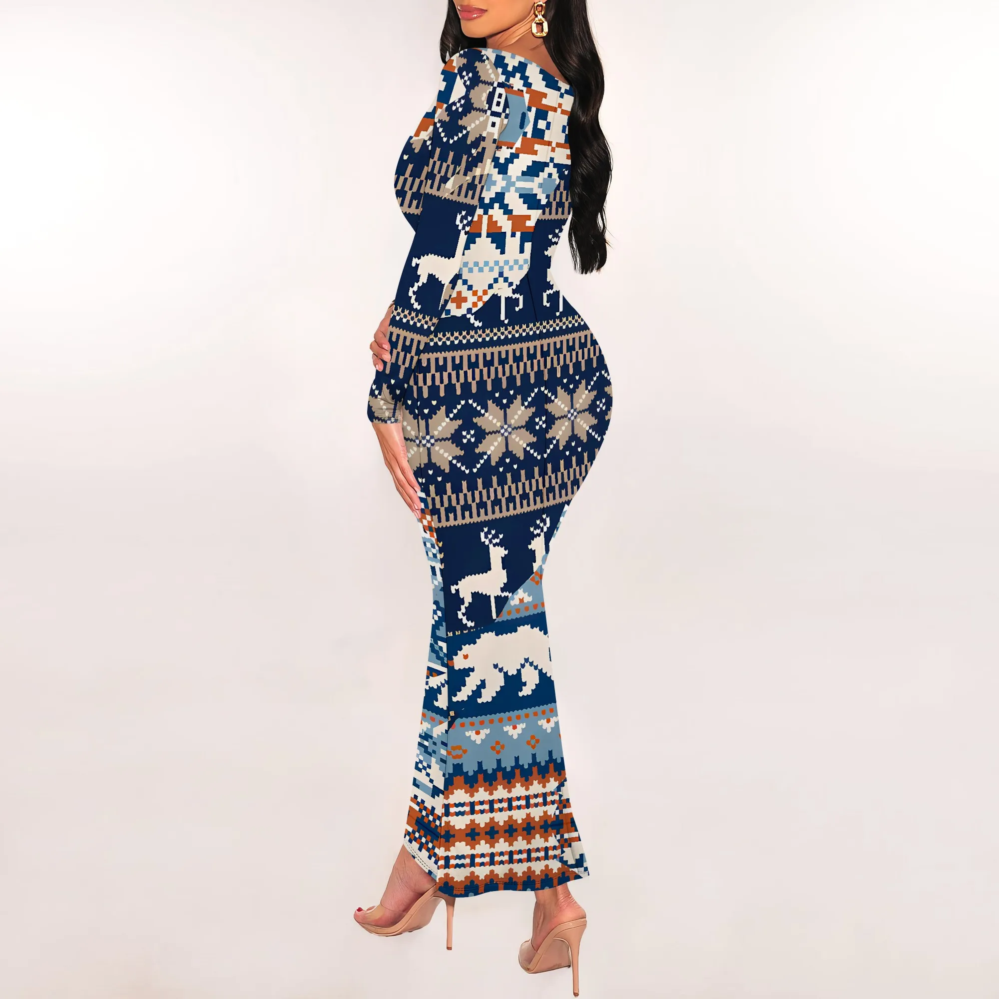 Newspaper Print Long Sleeve Bodycon Maxi Dress Trendy Scoop Neck Slim Fit Statement Style