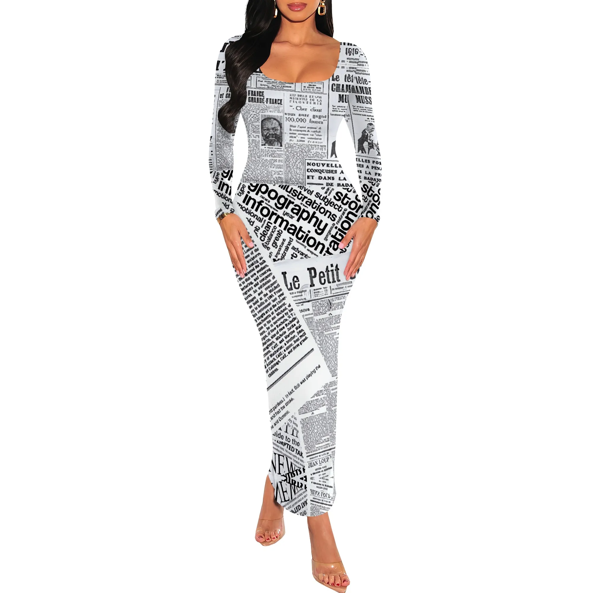 Newspaper Print Long Sleeve Bodycon Maxi Dress Trendy Scoop Neck Slim Fit Statement Style