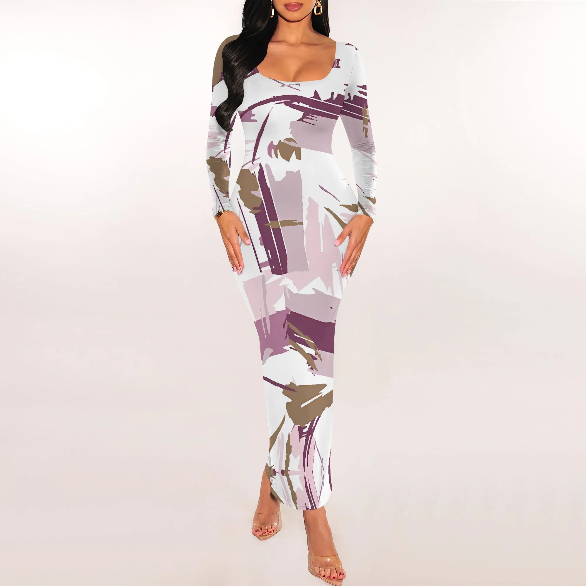Women's Geometric Print Maxi Dress Long Sleeve Black White Casual Evening