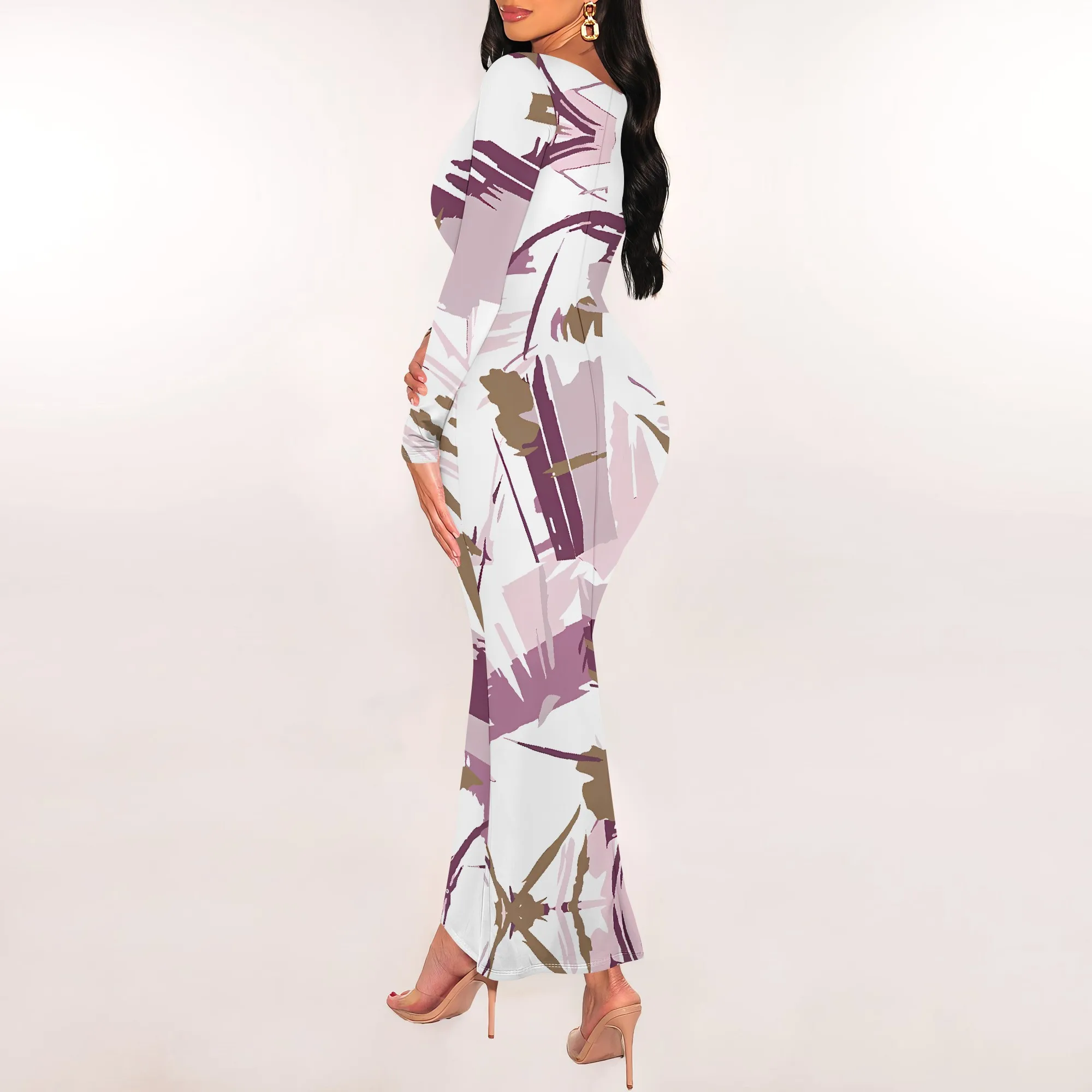 Women's Geometric Print Maxi Dress Long Sleeve Black White Casual Evening