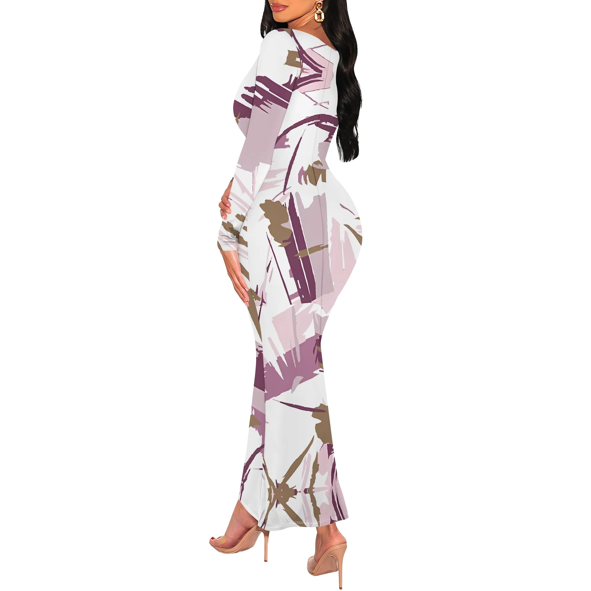 Women's Geometric Print Maxi Dress Long Sleeve Black White Casual Evening