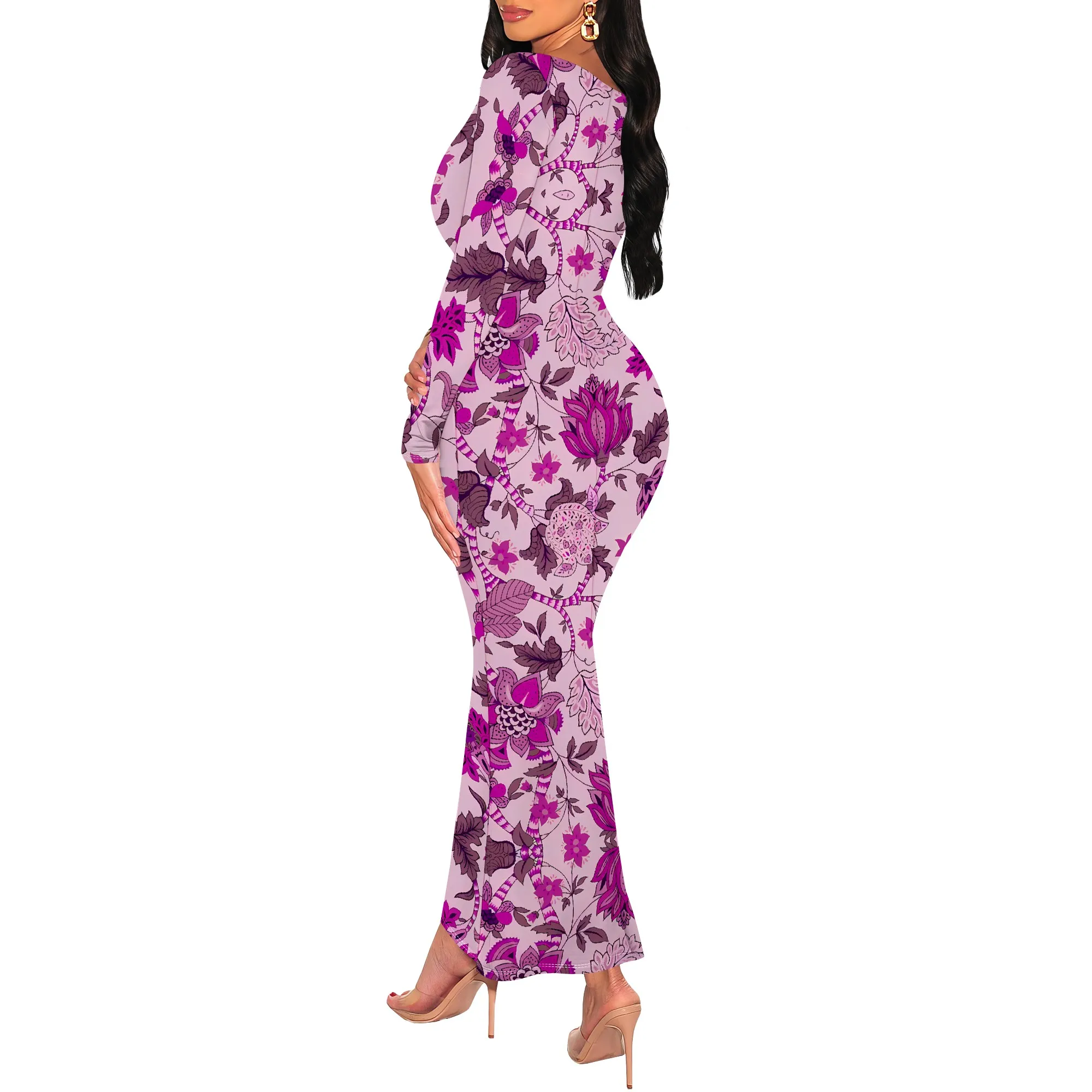 Women's Geometric Print Maxi Dress Long Sleeve Black White Casual Evening