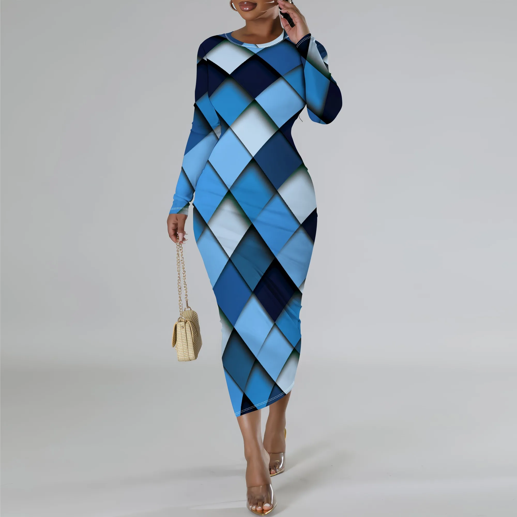 Plus Size Blue Geometric Diamond Long Sleeve Bodycon Dress - Women's Modern Bold Party Date Night Workwear Plus Size Blue Geometric Diamond Long Sleeve Bodycon Dress - Women's Modern Bold Party Date Night Workwear